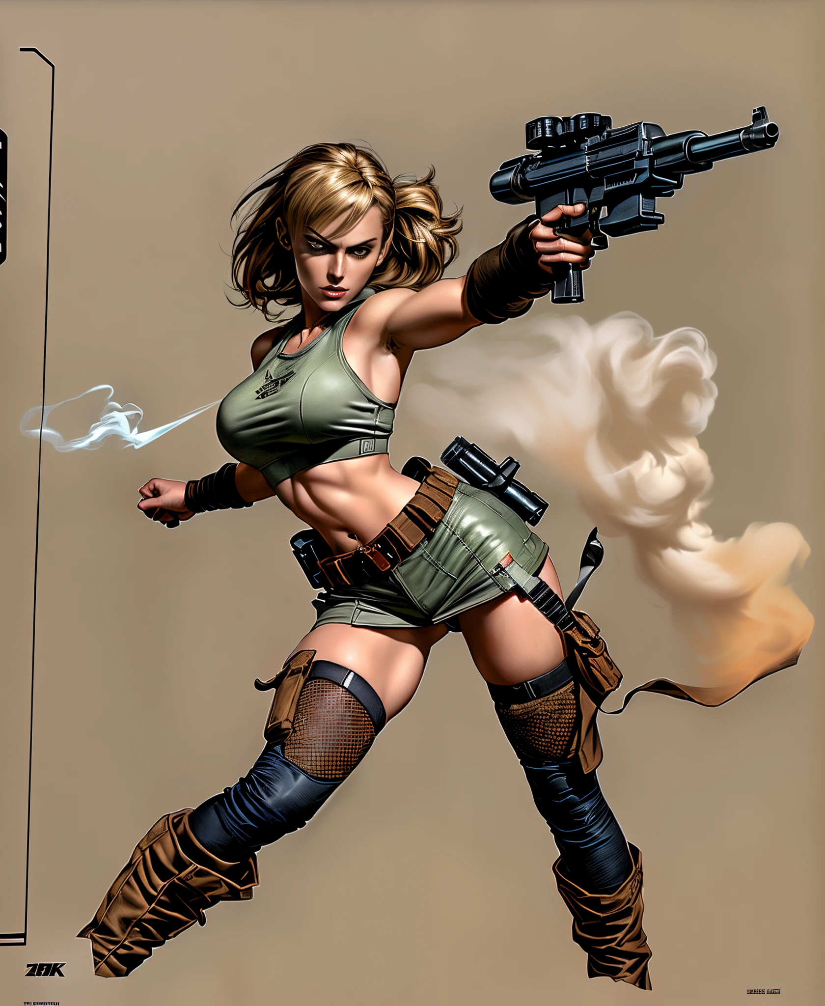 arafed image of a woman with a gun and a smoke, in travis charest style, travis charest style, female doc savage, dieselpunk soldier girl, scifi woman, infantry girl, dramatic wielding gun pose, by Mark Brooks, comic digital art, female lead character, action poses with weapons, action glamour pose, quiet from metal gear solid