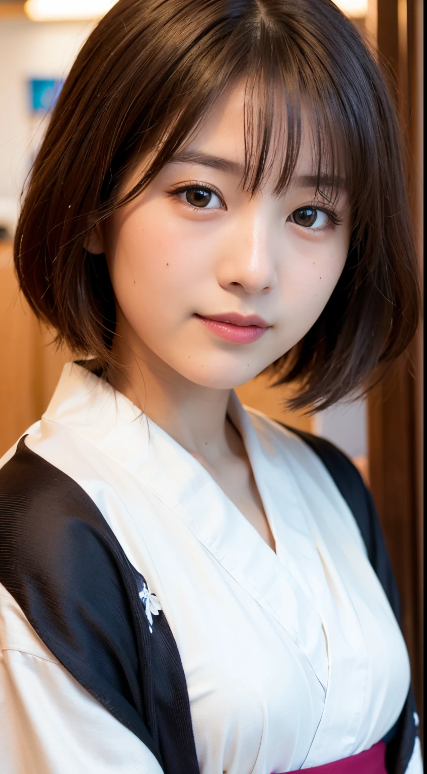 best quality, face focus, soft light, (depth of field) ,ultra high res, (photorealistic:1.4), RAW photo, (portrait:1.4) ,(from front)
1japanese girl, solo, cute, (shy, smile:1.1), (brown eyes),  detailed beautiful face, (short_hair ), japanese-style room
(silk kimono:1.4)