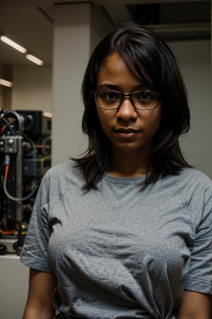 create a portrait of an engineer, programmer, about 28 years old, female, black, with glasses