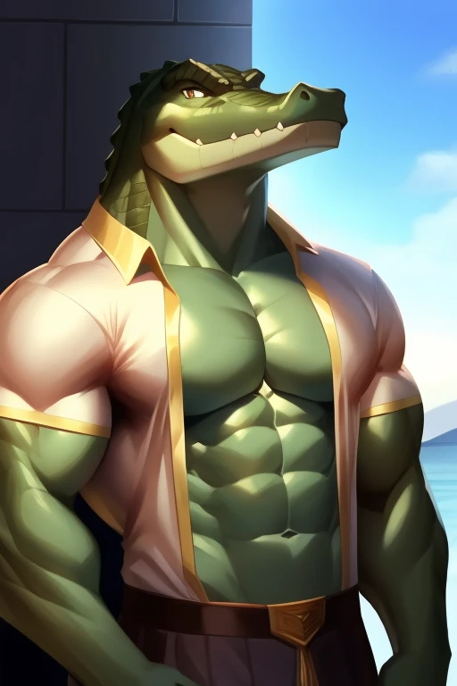 (masterpiece, best quality, high quality, highres:1.4), detailed, extremely detailed, ambient soft lighting, 4K, by (by Pino Daeni, (by ruaidri), yupa, kiyosan,(by meesh), (by sollyz) (by fffffolder)), (cuban crocodile: ( hunk, athletic, crocodile, yellow body, scales, athletic muscle, anthro legs, (crocodile feet) (((solo))), green eyes, (detailed eyes), crocodile tail, bare_shoulders , (((smirking))), (clothing, (topwear: (open jacket), gloves:(fingerless), bottomwear:(leather_briefs, leather_boots))),kneeling), taking off jacket, erect, tag:1boy)) ,(((night))), (((bedroom)))