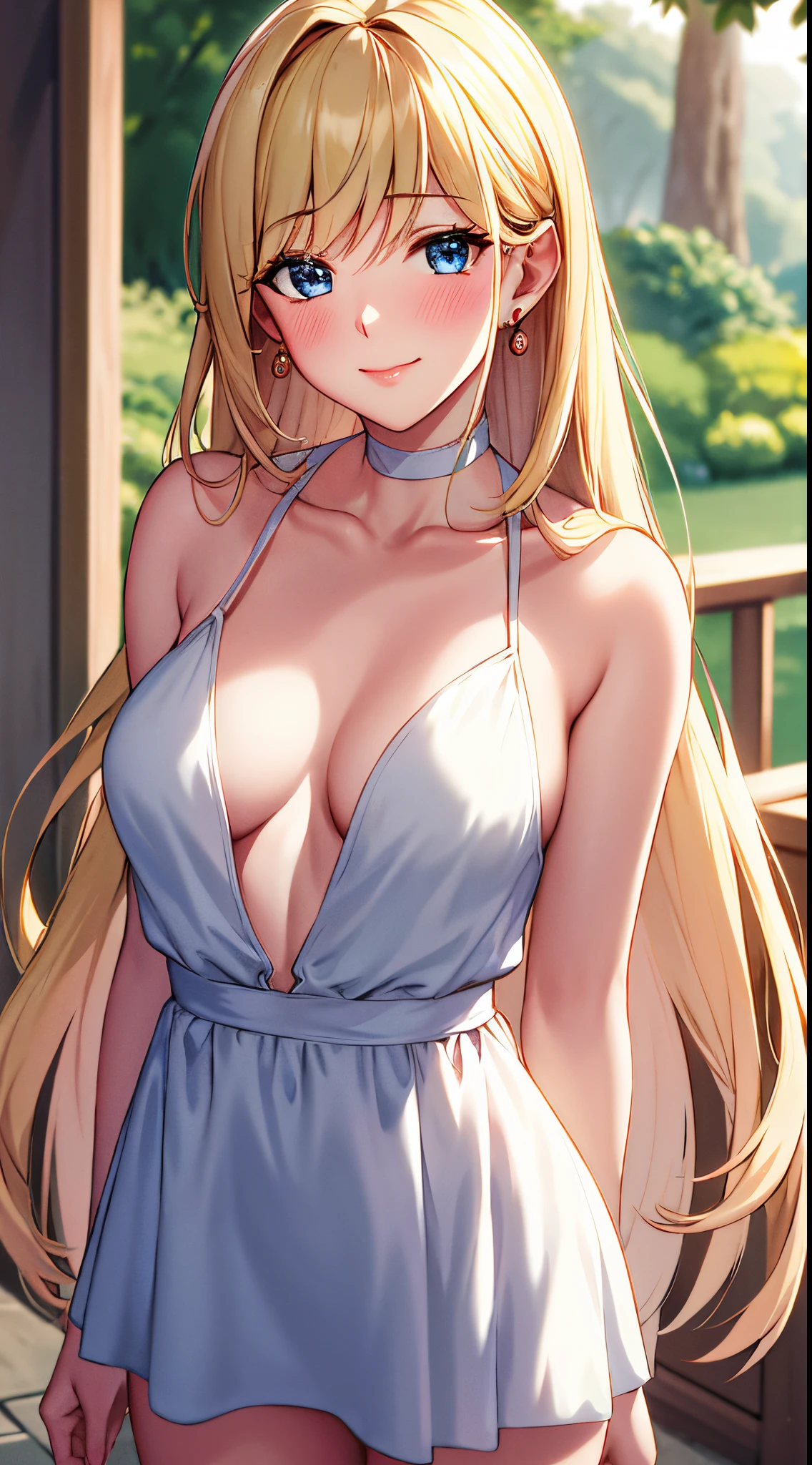 masterpiece, best quality, highres, venus1, 1girl, solo, beautiful face, beautiful body, first rate female body, blush, medium breasts, looking at viewer, lips, smiling, closed mouth, aino minako, blonde hair, magical girl, blue eyes, casual outfit, sleveless, bare shoulders, date, at park, very long hair, jewelry, earrings, standing, cowboy shot, medium full shot, sweptbangs:1.4