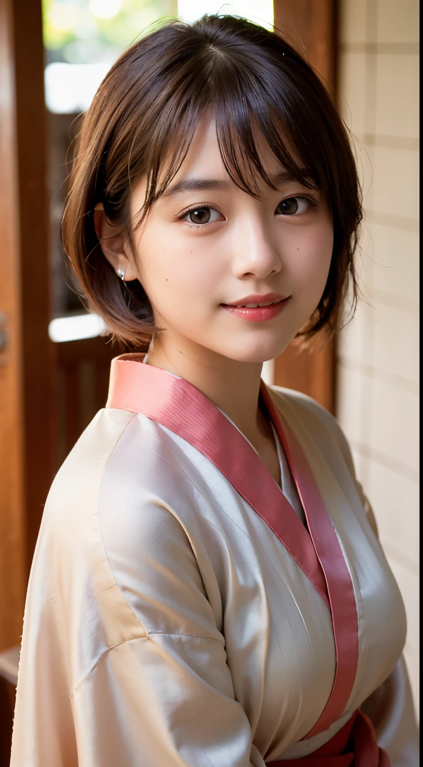 best quality, face focus, soft light, (depth of field) ,ultra high res, (photorealistic:1.4), RAW photo, (portrait:1.4) ,(from front)
1japanese girl, solo, cute, (shy, smile:1.1), (brown eyes),  detailed beautiful face, (short_hair ), japanese-style room
(silk kimono:1.4)