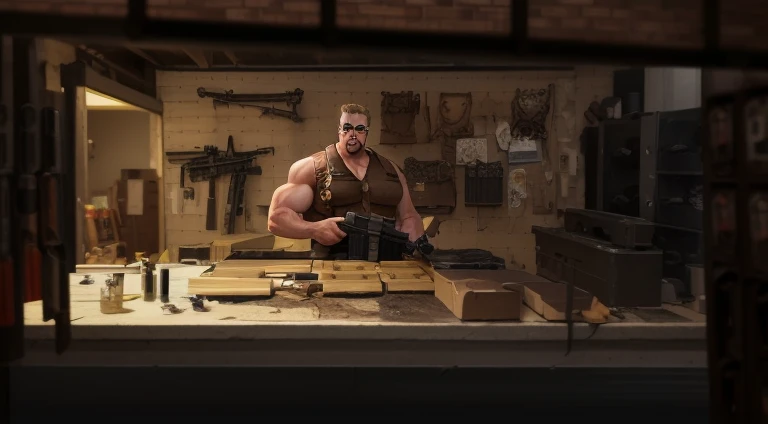 There was a man standing in the garage，Tools on the counter, heavy weapons guy, looks heavy, conceptual art like ernest halimov, detailed game art, metal slug concept art, Inside the weapons store, character art《Contra》, Duke Nukem art style, detailed game art illustration, Roland Zilvinskis 3D Rendering Art, Unreal 5. RPG portrait