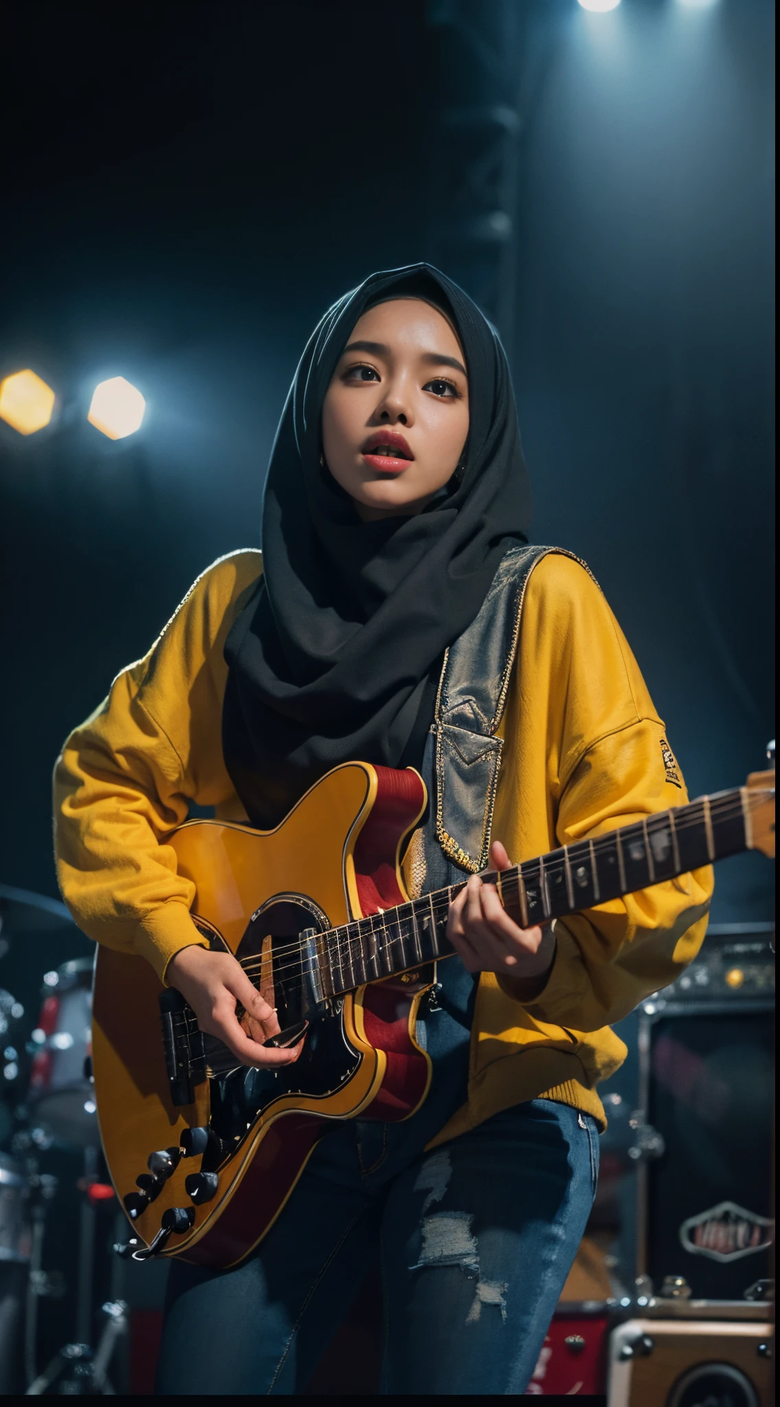 Young malay women in hijab wearing big yellow hoodie and jeans singing rock song and playing electric guitar in rock stage concert, full crowd concert, rock stage, night, serious face, nighttime, in school of rock movie style, hyper - realistic photography, dramatic effect,  a lot of smoke effect in background, depth of field cinematography effect, dark color grading, full body, 8k, close - up shot, extreme close - up photo