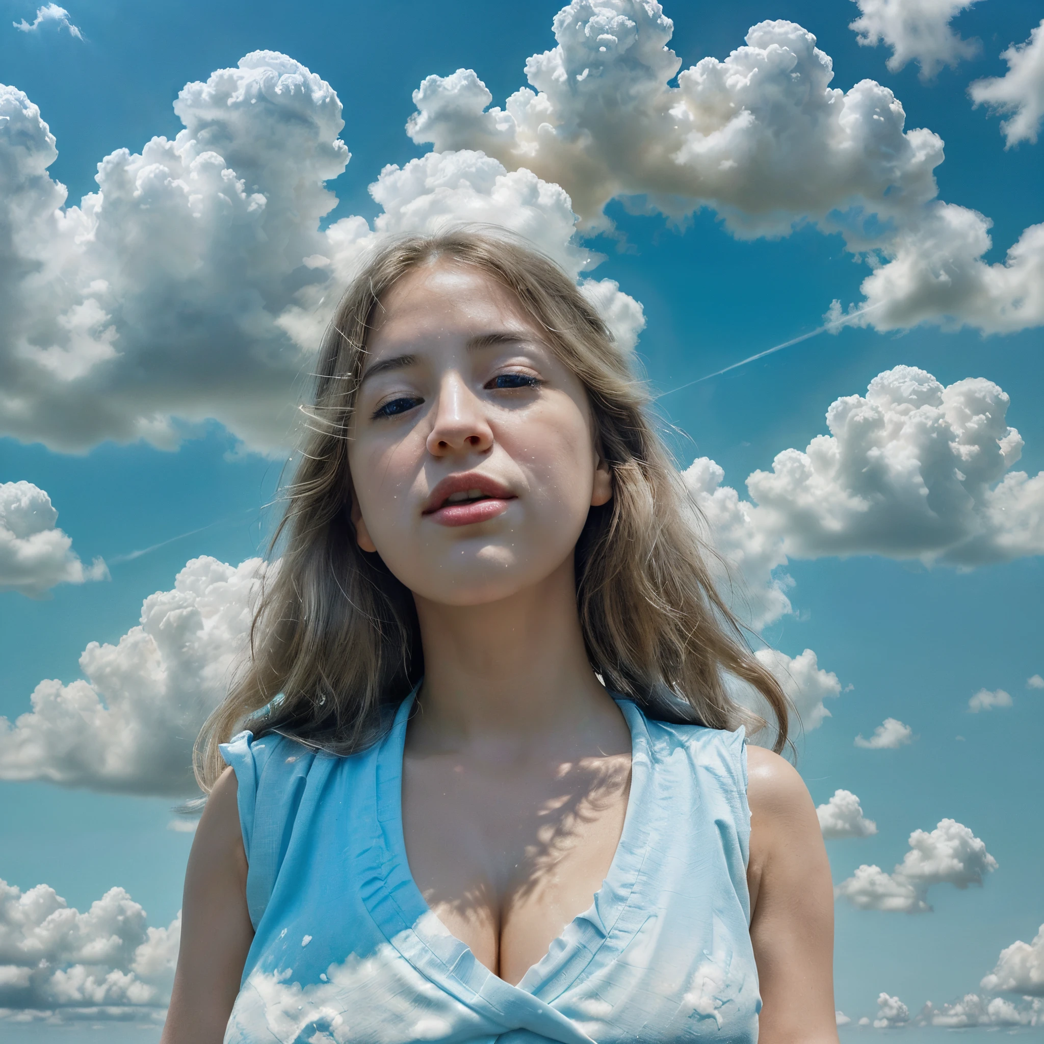 A breathtakingly vivid portrayal of the sky and clouds in a mesmerizing display of nature's beauty. The azure blue hue dominates the canvas, dotted with fluffy white cumulus clouds floating delicately in the air. The cloudscape stretches endlessly, creating a dreamscape that evokes a sense of wonder and tranquility. Every detail is captured flawlessly in this photograph, with the sunlight piercing through the clouds, casting a heavenly light upon the scene. The summer atmosphere is palpable, radiating warmth and brightness. This stunning image captures the essence of a perfect summer day, immersing viewers in the ethereal and captivating beauty of the sky and its ever-changing clouds.