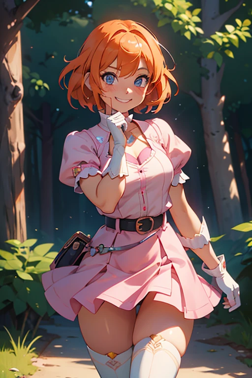 1girl,cowboy shot, beautiful nora_valkyrie, breasts, looking at viewer, blush, smile, short hair, bangs, blue eyes, skirt, thighhighs, gloves, holding, hair between eyes, jewelry, medium breasts, collarbone, full body, boots, orange hair, grin, shiny hair, white thighhighs, hammernight, outdoors, park, (volumetric lighting), best quality, masterpiece, intricate details, tonemapping, sharp focus, hyper detailed, heart cutout, gloves, jacket, pink skirt, pink belt, short sleeves, puffy sleeves, single armband, fingerless gloves, pink gloves, white ankle boots with pink soles