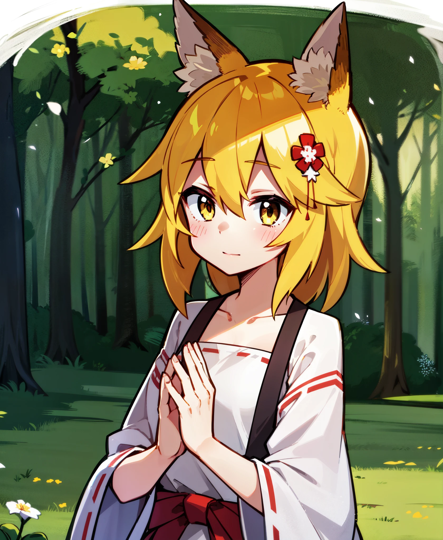 A  girl, Fox ears, 4K Image, flowers of different colors, field, Beautiful trees, Maximum details