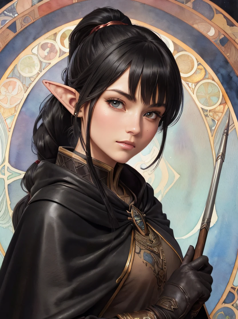 ((hight resolution、top-quality、super detailing、best picture、watercolor paiting、thick outlines、mats、by mucha))、flowing lines、cowboy shot、Stunning portrait of a beautiful woman、1 female、((elvish、glistning skin、Black haired beauty、Hairstyle Ponytail))、Slender figure、Hairstyle Ponytail、Blue eyes、Sharp eyes、hyperdetailed face、A detailed eye、Detailed hand depiction、Warrior armor and long sleeve leather tunic、Black cloak、Black leather gloves
