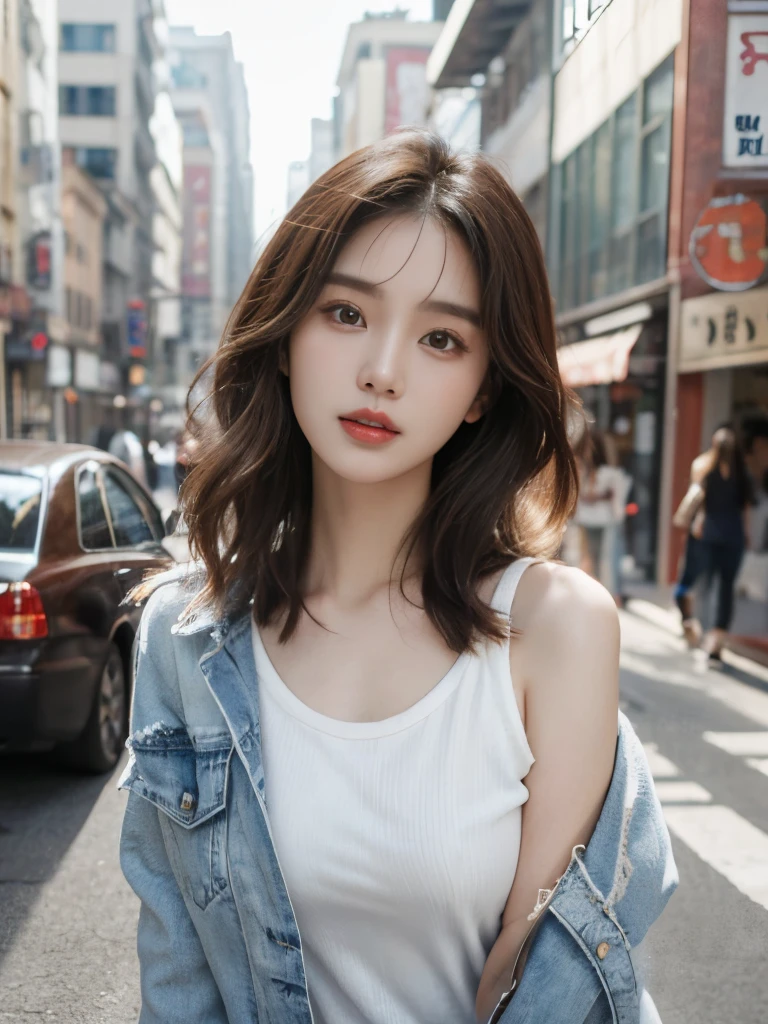 Araf woman in white shirt and denim jacket standing on city street, ulzzangs, beautiful young korean woman, beautiful Korean women, Korean girls, gorgeous young korean woman, a cute young woman, short detailed hair, xintong chen, Shoulder length wavy hair, ChineseGirl, Xision Wu, a young asian woman, cute young woman
