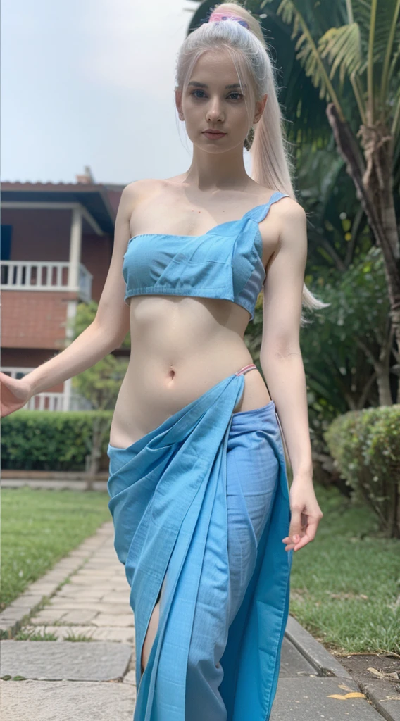 A beautiful woman, wearing blue sari, pale skin, smooth pale skin, skin tune pink, perfect body, detailed body, full body, cute face, white hair, ponytail hair, high quality , accurate