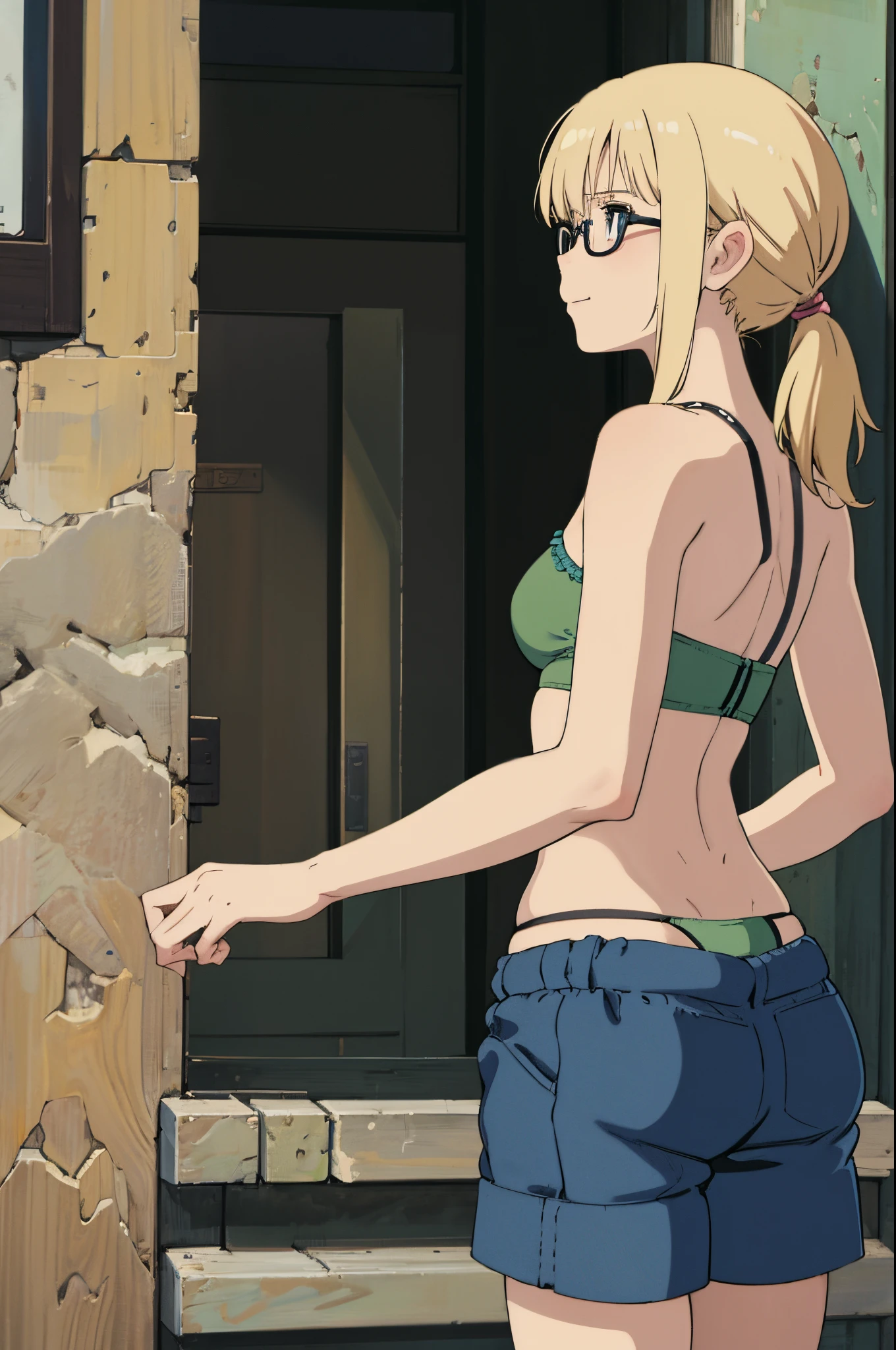 blonde woman with straight hair and bangs, wearing glasses, 1girl, solo, hair in a ponytail, 21 years old, no makeup, soft face, sweet smile, back view, small mouth closed, medium boobs, blue eyes, realistic photo, in street, high pov, looking down, green bra, cleavage, midriff, g string panties, thong panties,