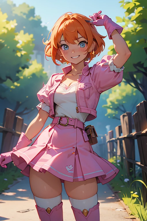 1girl,cowboy shot, beautiful nora_valkyrie, breasts, looking at viewer, blush, smile, short hair, bangs, blue eyes, skirt, thighhighs, gloves, holding, hair between eyes, jewelry, medium breasts, collarbone, full body, boots, orange hair, grin, shiny hair, white thighhighs, hammernight, outdoors, park, (volumetric lighting), best quality, masterpiece, intricate details, tonemapping, sharp focus, hyper detailed, heart cutout, gloves, jacket, pink skirt, pink belt, short sleeves, puffy sleeves, single armband, fingerless gloves, pink gloves, white ankle boots with pink soles, blue cropped jacket