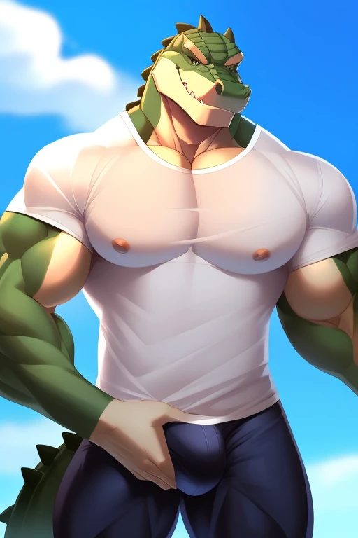 crocodile in shirt posing for photo, Ripped, perfect body, Big chest, lean and muscular, well-muscled, lean but muscular, beautiful handsome body, very muscular, muscular bodies, (Open V t-shirt: 1.5), ((formal clothes)) Muscular, sexy muscular body, Chiseled, musculature, Attractive body, well-muscled, muscular build, Gentle face, Prince, nipples, (bulge: 1.3), (hand on bulge: 1.3)