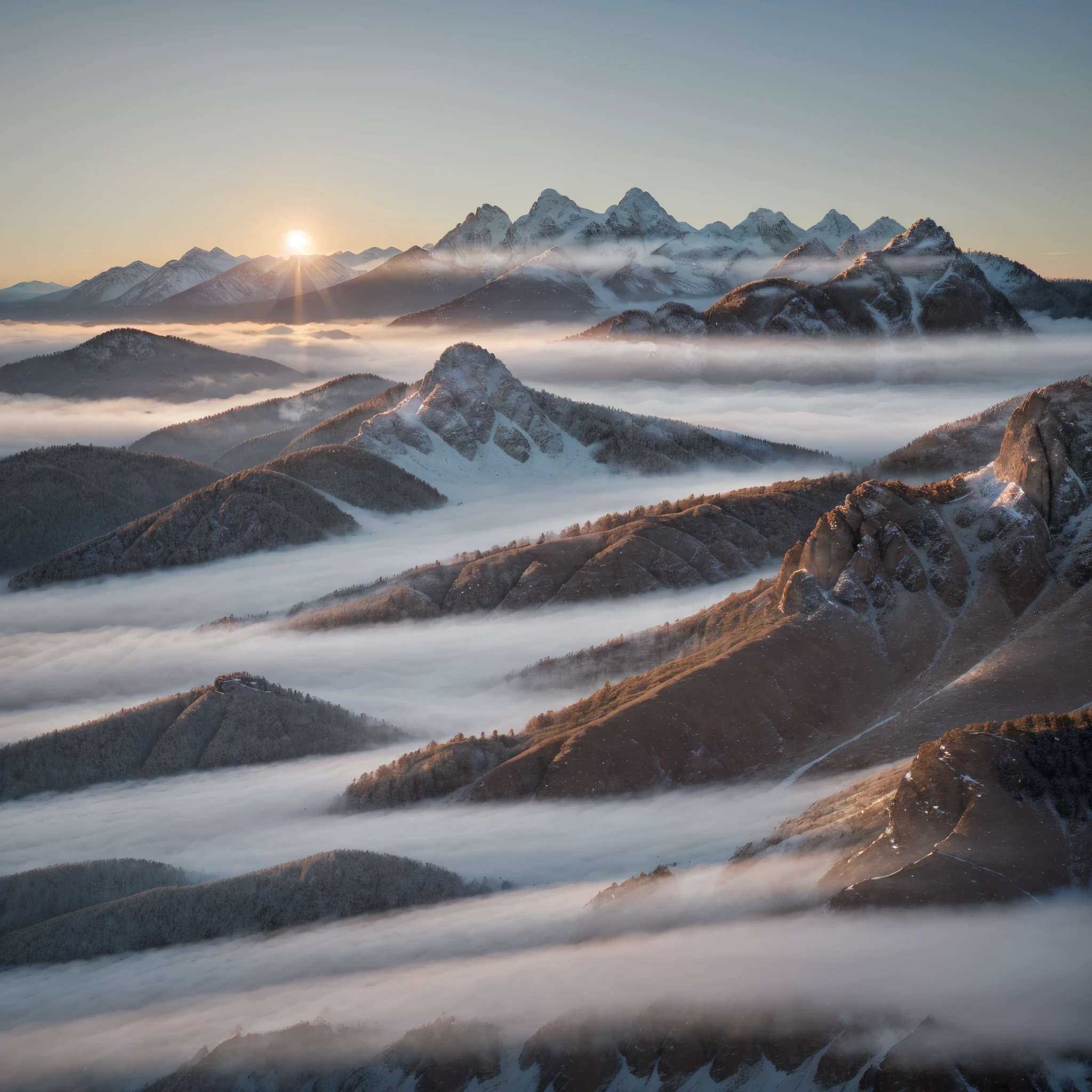 A breathtakingly captivating landscape unfolds before your eyes in this stunning photograph. The majestic silhouette of mountains rises against a radiant sky, bathed in the warm hues of a gentle sunrise. Puffy white clouds drift lazily across the vast expanse, casting shadows on the calm sea below. A delicate veil of mist wraps around the hills, adding an ethereal touch to the picture-perfect scene. The morning light dances on the pristine snow-covered peaks, creating a breathtaking contrast between the winter landscape and the vibrant colors of nature awakening for summer. Every detail in this high-quality image evokes a sense of awe and tranquility, transporting viewers to a picturesque valley embraced by the breathtaking embrace of nature's beauty.