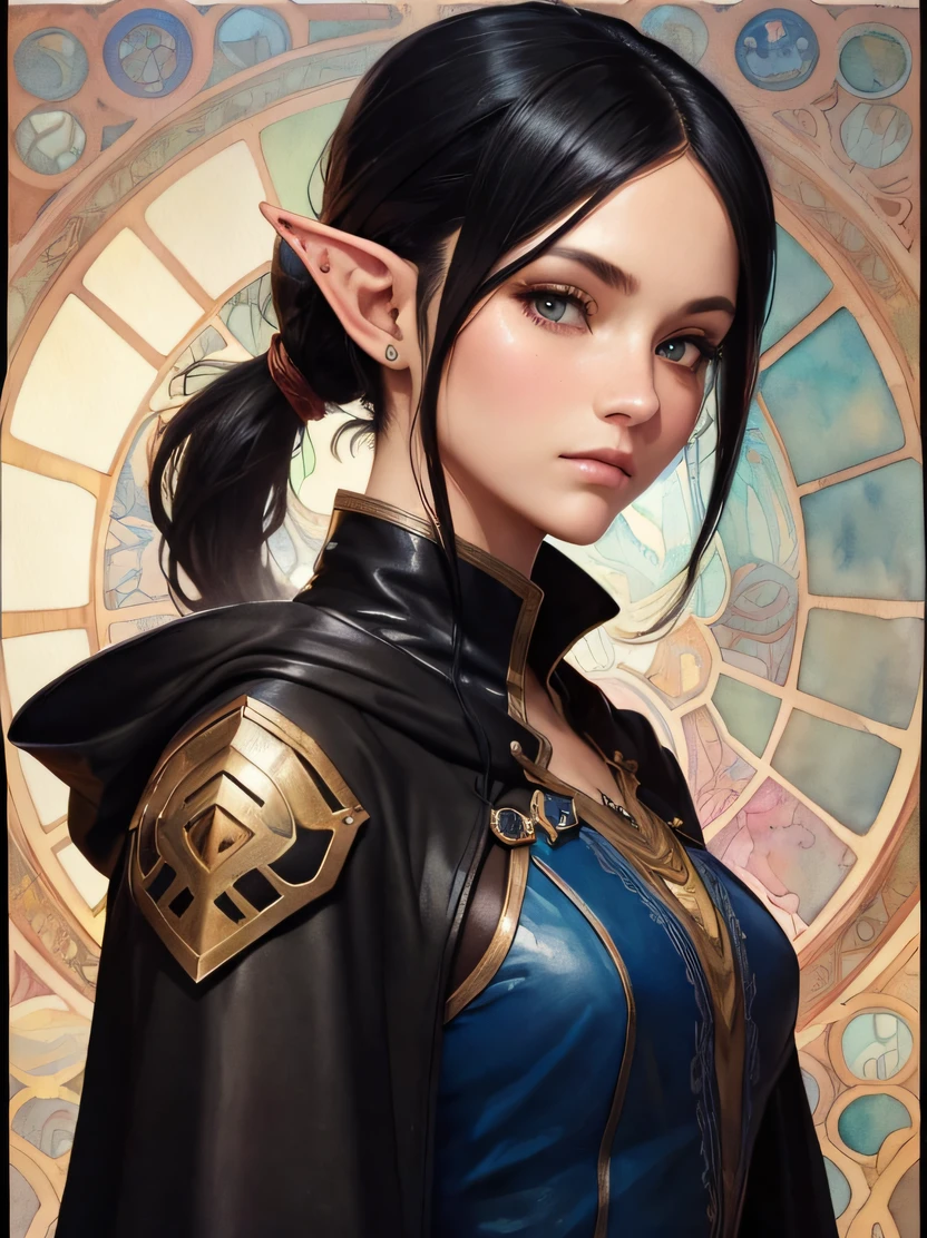 ((hight resolution、top-quality、super detailing、best picture、watercolor paiting、thick outlines、mats、by mucha))、flowing lines、cowboy shot、Stunning portrait of a beautiful woman、1 female、((elvish、glistning skin、Black haired beauty、Hairstyle Ponytail))、Slender figure、Hairstyle Ponytail、Blue eyes、Sharp eyes、hyperdetailed face、A detailed eye、Detailed hand depiction、Warrior armor and long sleeve leather tunic、Black cloak、Black leather gloves