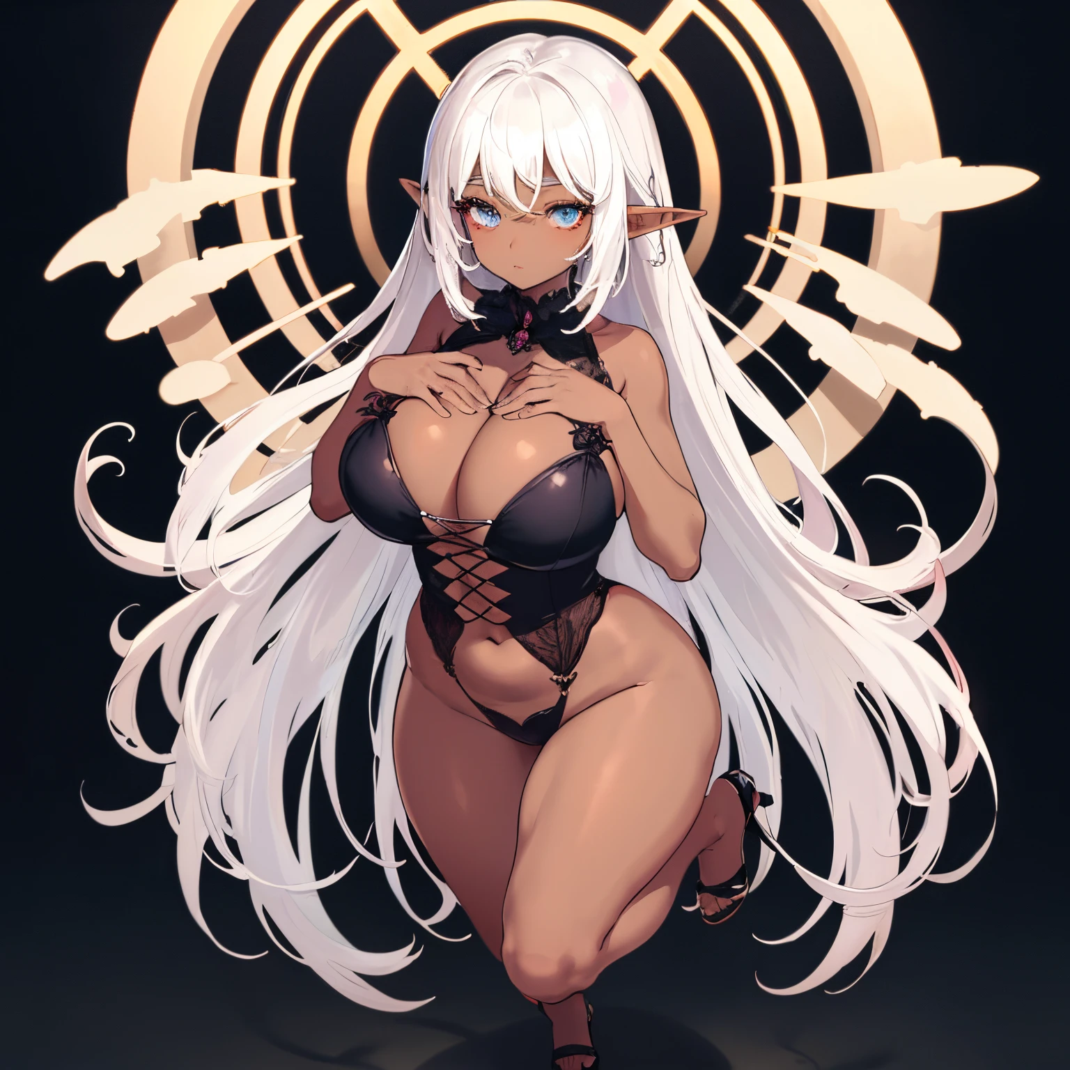 1 girl Big dark-skinned elf, white hair, hot figure, big beauty, delicate and beautiful face, full body portrait, big eyes, beautiful face, big, transparent tulle, sexy and alluring, plump body, hands on chest, perfect body proportions
