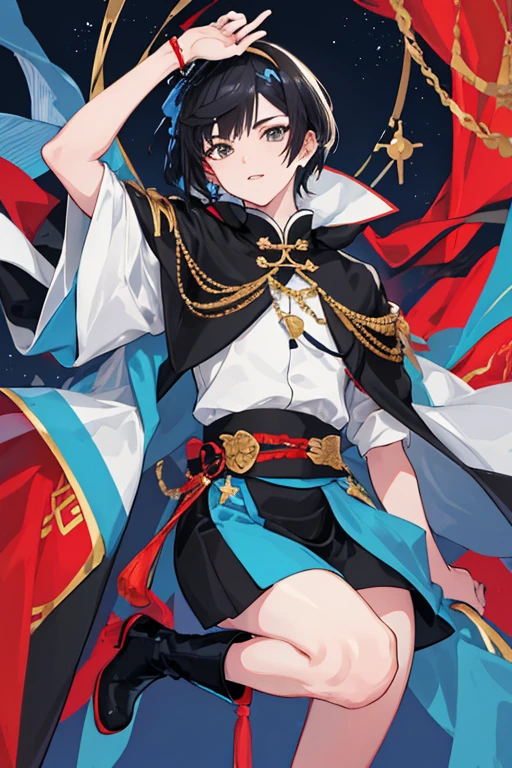 ((tmasterpiece:1.4,Best quality))++,(hyper-detailing)+,(Best quality,hyper-detailing,vibrant with colors,rich colourful,dynamic angle,hight contrast:1.2),A boy,Height is about 170cm,with short black hair,Dark blue headband on the back of the head,Left eye ice blue,The right eye is golden,Clothes that combine Chinese style with modern style,One long sleeve and one short sleeve,Black boots that don't go past the knee,black cloak,Sabre at the waist,Looks proud,Draw the whole body in the picture,Bangs parted in the middle and rolled inwards,Stars and snowflake elements on the clothing,Secondary disease,Fashionab, with dynamism, garments, posing on a, frontage, rich colourful, dyna, Background with, element in, self-assured, Expressing the, statement, fittings, A majestic, coil, Runt, Scenes, Cover of a, boldness, attention-grabbing,Fashionab, typeface, Catchy, attention-grabbing, modern day, Fashionab, focal, Fashionab,delicated face,exquisite facial features,National tide,modern national style background