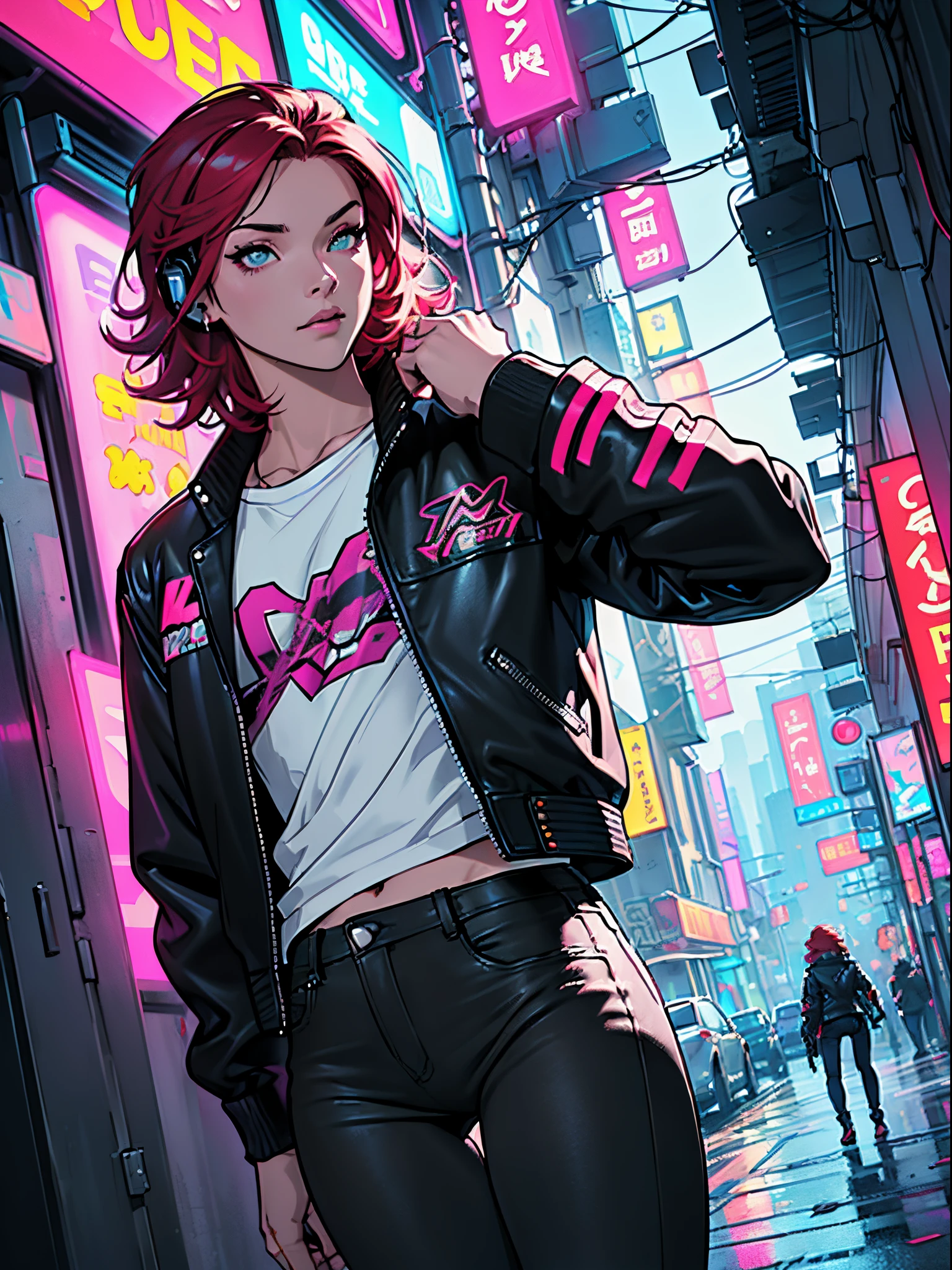 magenta tone、Vibrant colors、((masterpiece)))、(((top-quality)))、((ultra-detailliert))、(A hyper-realistic)、(highly detailed CGillustration)、Official art、CD cover、cyberpunked、Near Future City、neon light、urban art district、It will be、Stylish、Cool Beauty、Coquettish、a gorgeous、matchless beauty、multicolored hair、head phone、Rock 'n' Roller、leather jackets、Tight black jeans、Female Solo、Perfect Angle、perfect-composition、