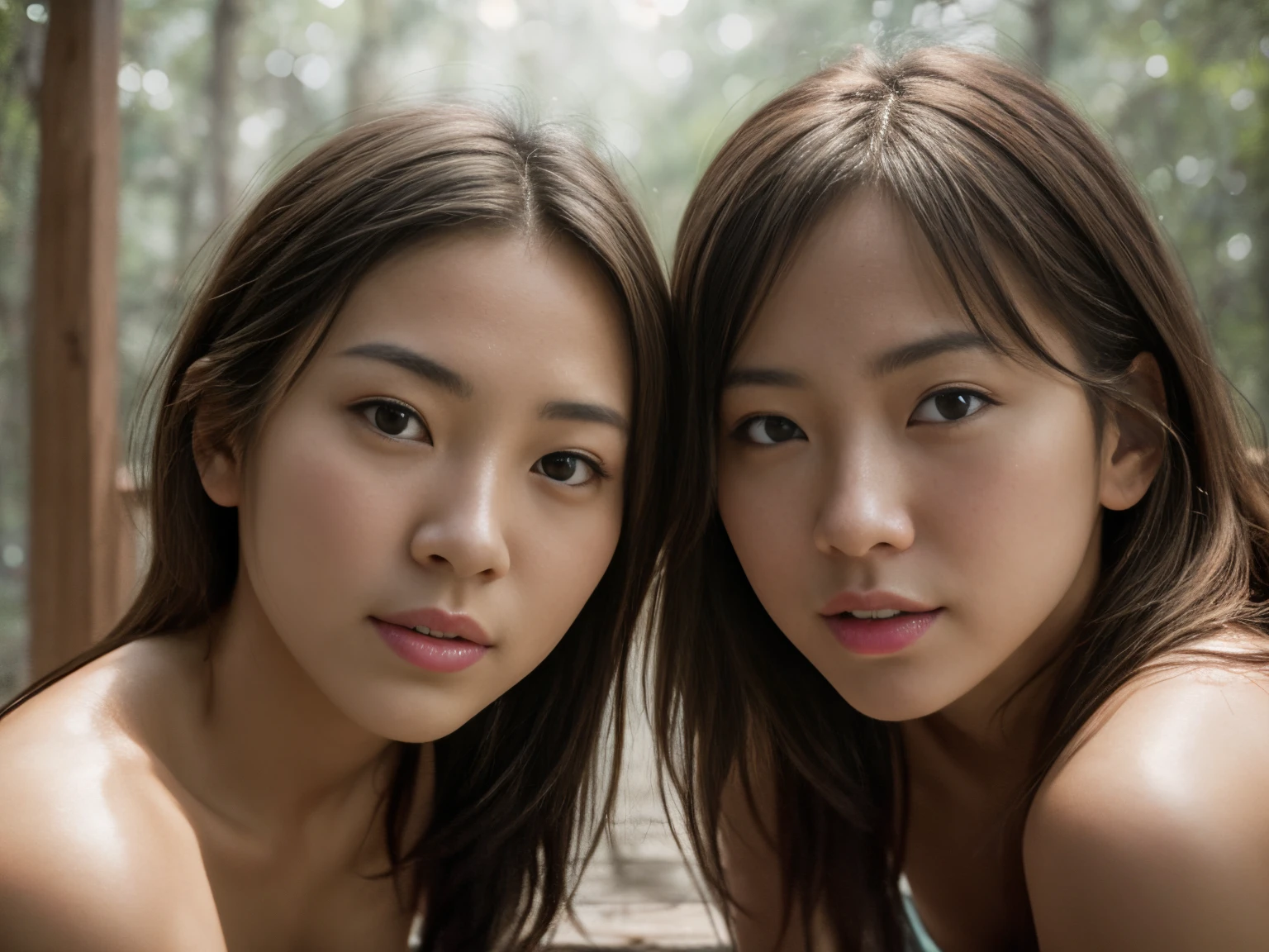 (best quality, highres, masterpiece, photorealistic:1.2),(HDR, vivid colors),2girls, japanese, wearing nothing, big boobs, thin and skinny body, beautiful face, detailed face feature, posing for a picture,outdoor, professional dynamic lighting, (close up:1.3, seen from below), detailed facial expressions, natural poses, foggy and green background, cool tones, cozy atmosphere, photon maping
