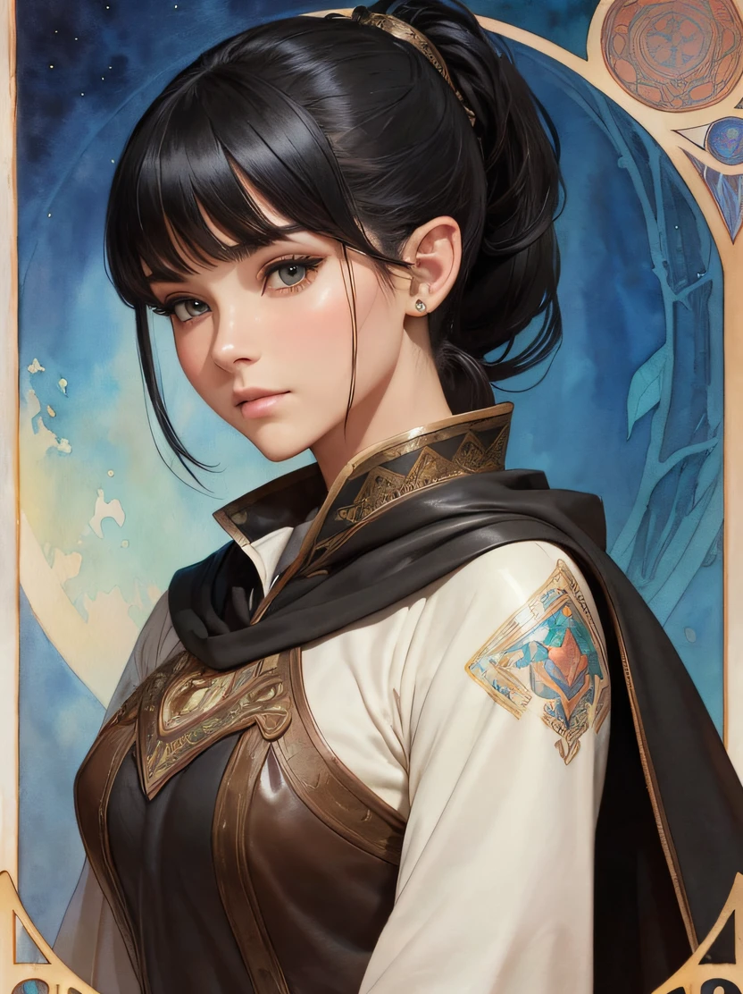 ((hight resolution、top-quality、super detailing、best picture、watercolor paiting、thick outlines、mats、by mucha))、flowing lines、cowboy shot、Stunning portrait of a beautiful woman、1 female、((elvish、glistning skin、Black haired beauty、Hairstyle Ponytail))、Slender figure、Hairstyle Ponytail、Blue eyes、Sharp eyes、hyperdetailed face、A detailed eye、Detailed hand depiction、Warrior armor and long sleeve leather tunic、Black cloak、Black leather gloves