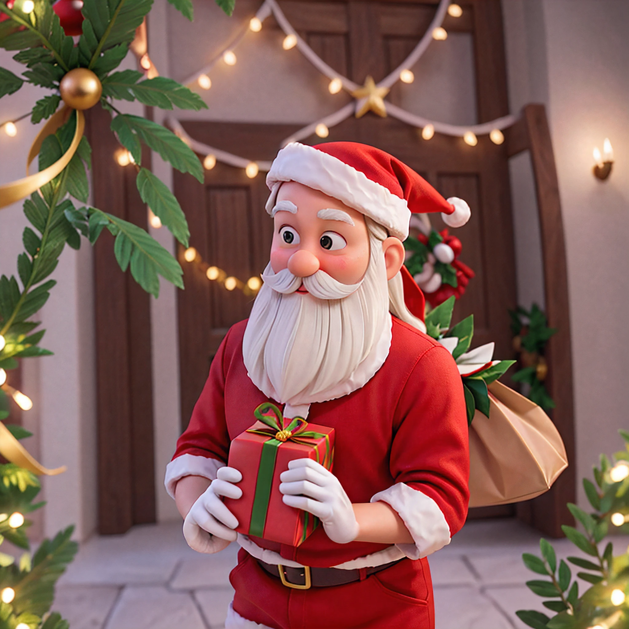 Produce a high-resolution digital image that depicts the magical Christmas Eve, com o Papai Noel distribuindo presentes. Santa Claus must be represented in his characteristic red and white outfit, holding a large gift bag full of colorful bows and shiny ribbons. He is in a festive mood, possibly in a room decorated with a well-lit and decorated Christmas tree. The scene should convey a feeling of joy and magic, com foco especial no Papai Noel'His gentle, welcoming expression as he hands over the gifts. Lighting should be soft and welcoming, destacando os detalhes das roupas, do rosto e da barba do Papai Noel, beyond the sparkles on the wrapping. Colors should reflect the Christmas spirit, com toneladas quentes e cintilantes, creating a magical and enchanting atmosphere.