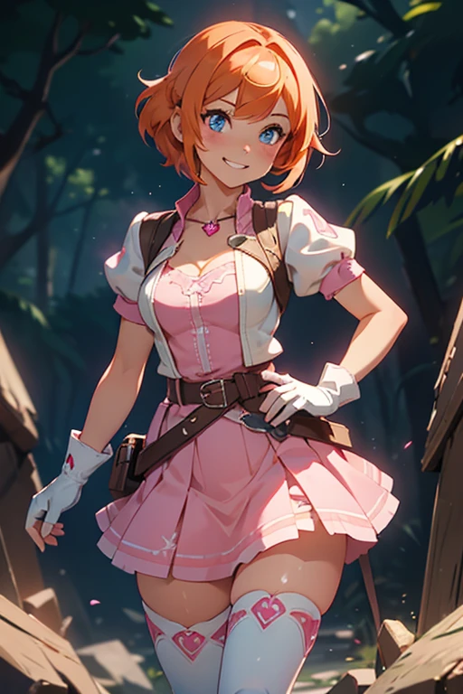 1girl,cowboy shot, beautiful nora_valkyrie, breasts, looking at viewer, blush, smile, short hair, bangs, blue eyes, skirt, thighhighs, gloves, holding, hair between eyes, jewelry, medium breasts, collarbone, full body, boots, orange hair, grin, shiny hair, blue cropped jacket, white thighhighs, hammernight, outdoors, park, (volumetric lighting), best quality, masterpiece, intricate details, tonemapping, sharp focus, hyper detailed, heart cutout, gloves, jacket, pink skirt, pink belt, short sleeves, puffy sleeves, single armband, fingerless gloves, pink gloves, white ankle boots with pink soles
