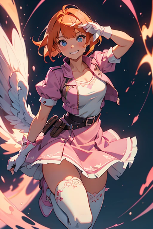 1girl,cowboy shot, beautiful nora_valkyrie, breasts, looking at viewer, blush, smile, short hair, bangs, blue eyes, skirt, thighhighs, gloves, holding, hair between eyes, jewelry, medium breasts, collarbone, full body, boots, orange hair, grin, shiny hair, blue cropped jacket, white thighhighs, hammernight, outdoors, park, (volumetric lighting), best quality, masterpiece, intricate details, tonemapping, sharp focus, hyper detailed, heart cutout, gloves, jacket, pink skirt, pink belt, short sleeves, puffy sleeves, single armband, fingerless gloves, pink gloves, white ankle boots with pink soles