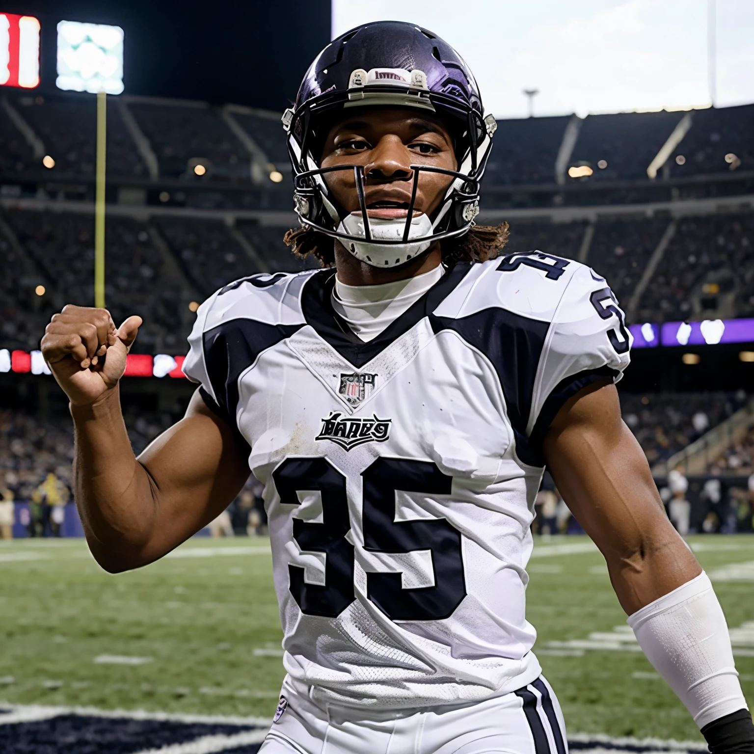 A American football player with the team colors being light purple, white and black