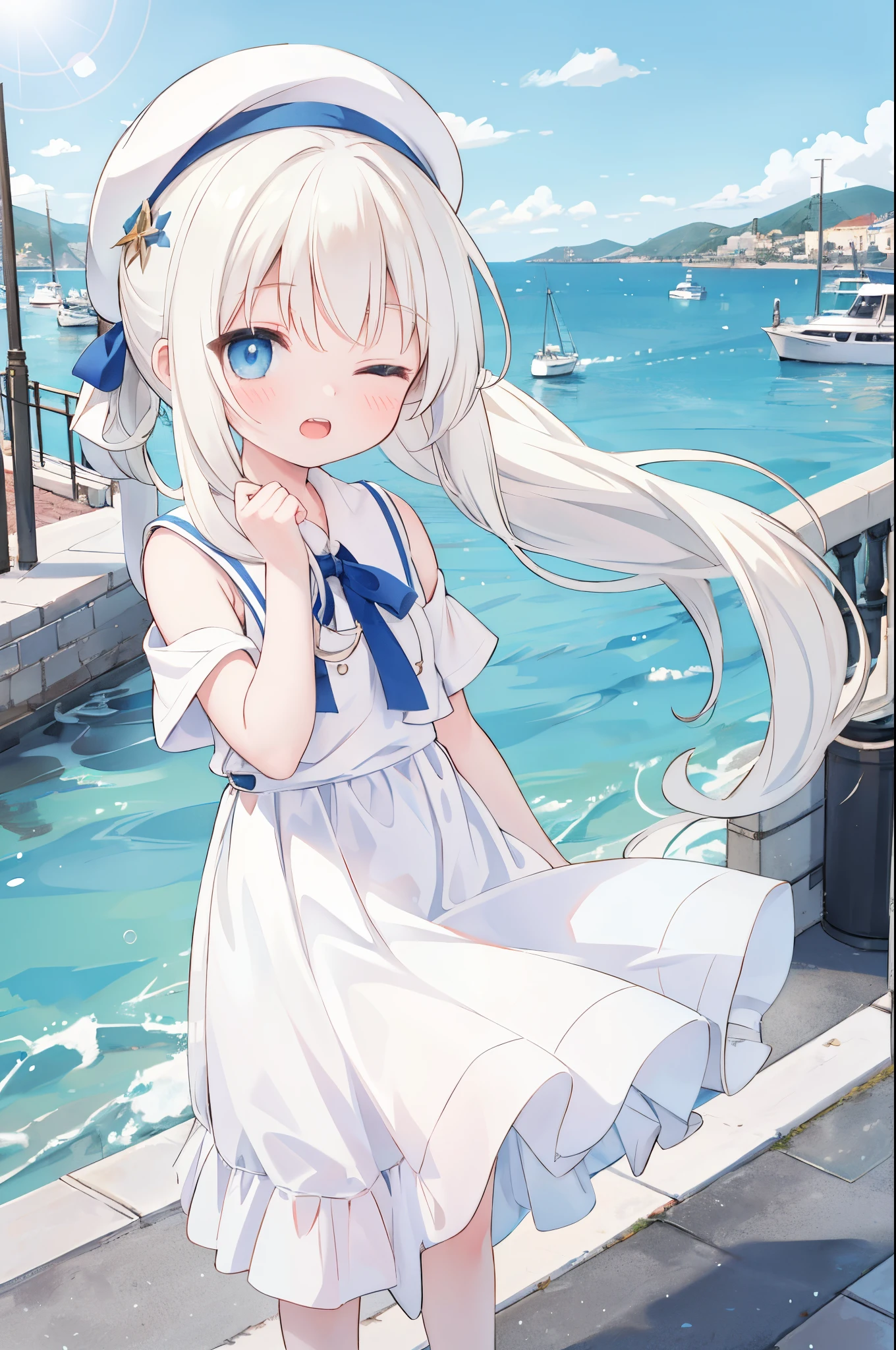 Cute little girl standing in the street of a Mediterranean port town,ventania,pale-blonde hair, eBlue eyes,Very long double ponytail,White dress,white cap,blue-sky,laughingly,double teeth,With his eyes closed,looking at viewert,lens flare glow,dramatics, Coastal
