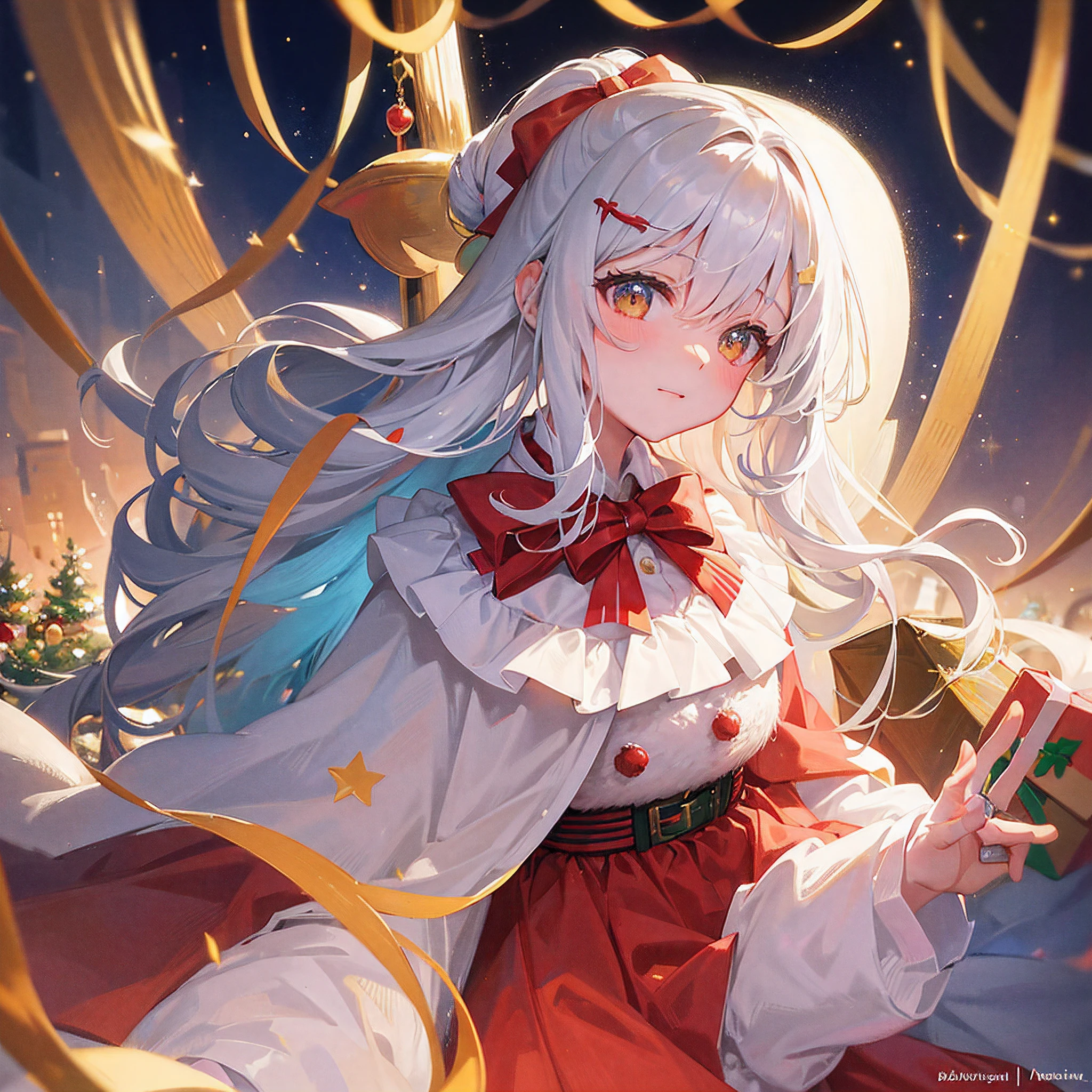 Produce a high-resolution digital image that depicts the magical Christmas Eve, com o Papai Noel distribuindo presentes. Santa Claus must be represented in his characteristic red and white outfit, holding a large gift bag full of colorful bows and shiny ribbons. He is in a festive mood, possibly in a room decorated with a well-lit and decorated Christmas tree. The scene should convey a feeling of joy and magic, com foco especial no Papai Noel&#39;His gentle, welcoming expression as he hands over the gifts. Lighting should be soft and welcoming, destacando os detalhes das roupas, do rosto e da barba do Papai Noel, beyond the sparkles on the wrapping. Colors should reflect the Christmas spirit, com toneladas quentes e cintilantes, creating a magical and enchanting atmosphere.