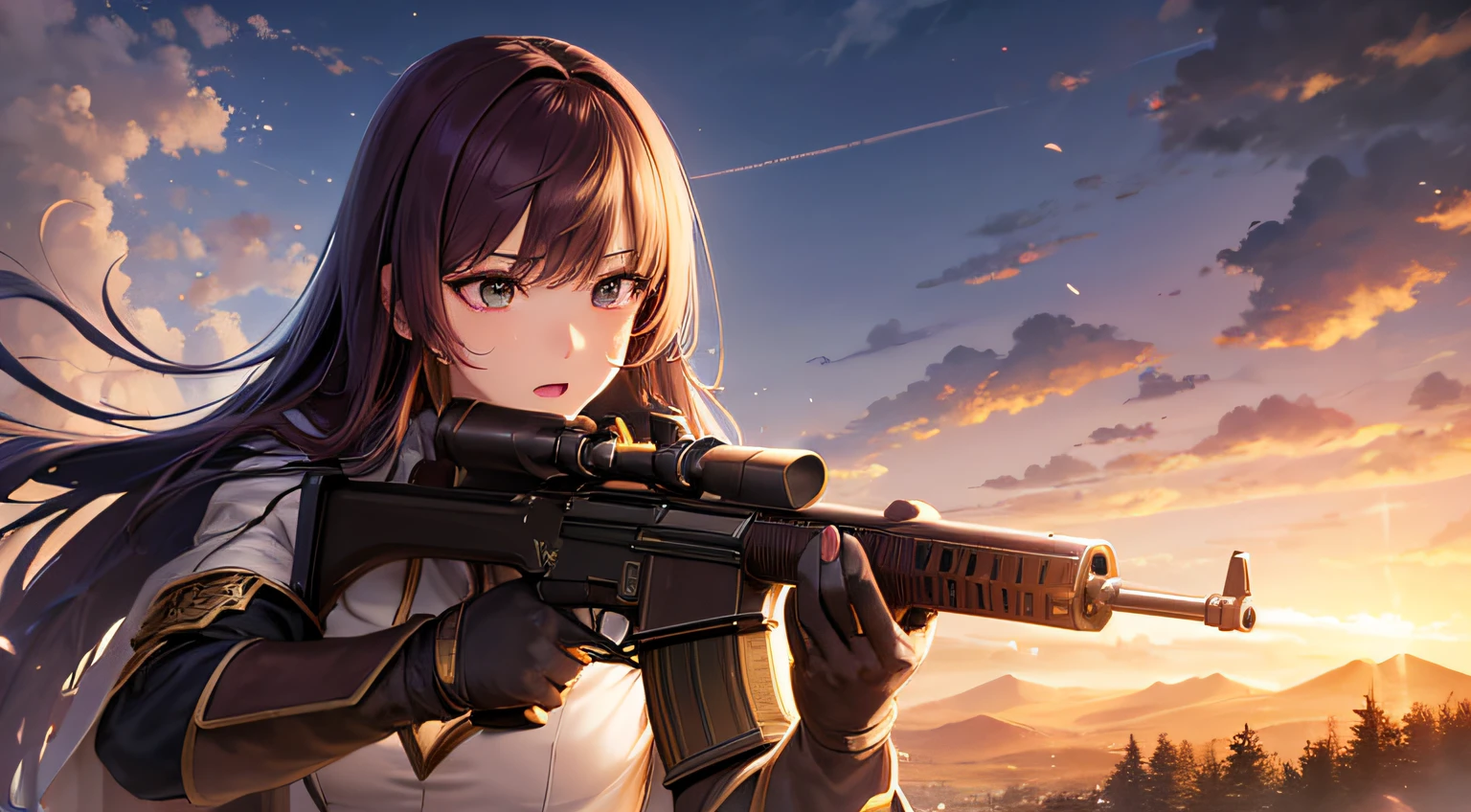 (best quality,Altas,Realistic:1.2),estilo anime,Retratos,Mundo Isekai,personagens de fantasia,espingarda m14,caracteres detalhados,cores ricas,scenic background,Mystical aura,magic effects,detailed facial expressions,Jornada aventureira,portal dimensional,aesthetic look,Exciting story,Action-packed scenes,criaturas misteriosas,protagonista heroico,dramatic lighting,batalhas emocionantes,Magical Elements,countless possibilities