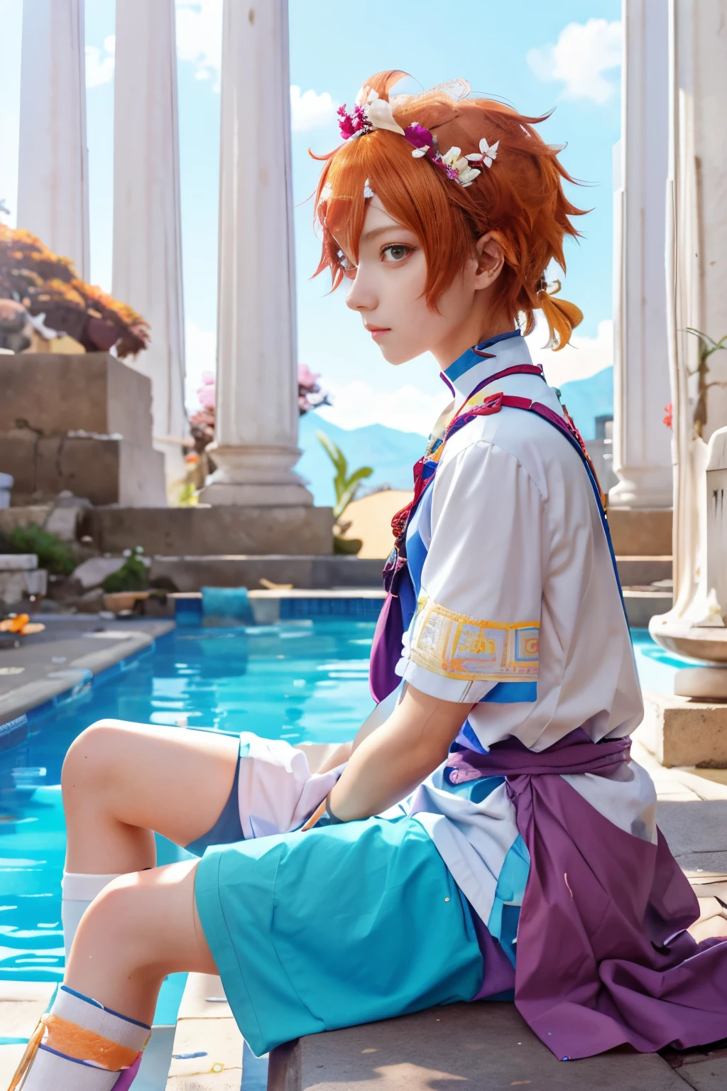 blind box toy style, anime girl sitting on a ledge by a pool with a flower in her hair, delicate androgynous prince, beautiful androgynous prince, artwork in the style of guweiz, orange - haired anime boy, highly detailed exquisite fanart, genshin, red haired goddess, guweiz, detailed digital anime art, trending on artstation pixiv, old greek clothes, ref colored pupils,