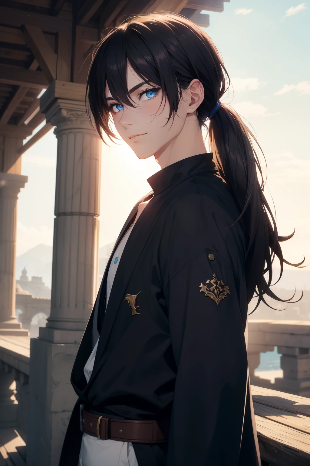 (high-quality, breathtaking),(expressive eyes, perfect face), 1boy, male, solo, young adult, black hair , deep blue coloured eyes, gentle smile, long hair, long hair tied in low ponytail, hair between eyes, fantasy clothing, white button up shirt, black pants, brown belt, small brown satchel, adventuring gear, wears a black cloak thats partially open