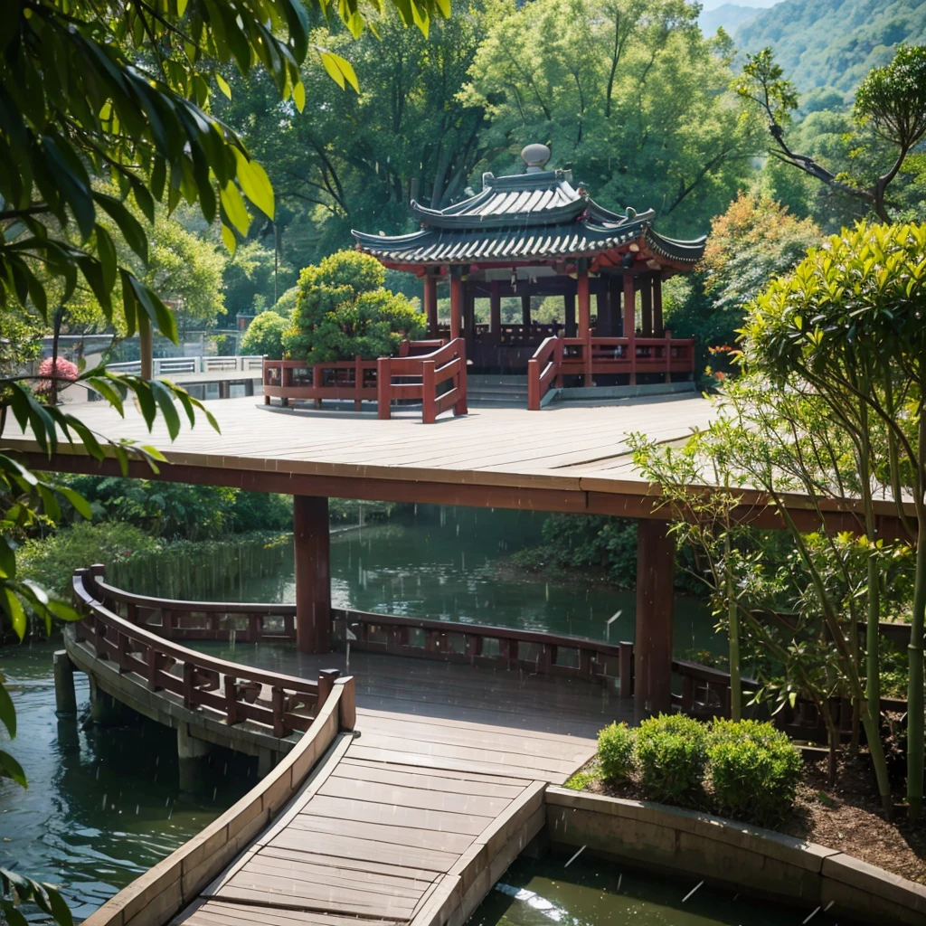 Beautiful view of Gangnam,Pavilion beside bamboo forest,Umbrella standing in the rain,The boat passes under the bridge