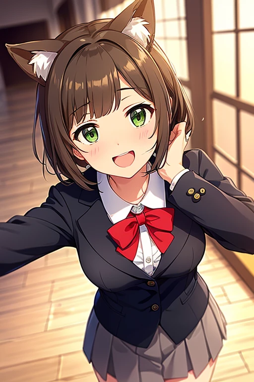 maekawa_miku, short hair, green eyes, brown hair, white shirt, collared shirt, pleated_skirt, grey skirt, red bowtie, (Best quality, 8k, 32k, Masterpiece, UHD:1.3), 1girl, (abs, slender figure, perfect body :1.2), breasts, ((Very detailed)), (Perfectly detailed face), (Highly detailed hands), smile, blush, open mouth, standing, claw pose, popped_button, large breasts, white background,