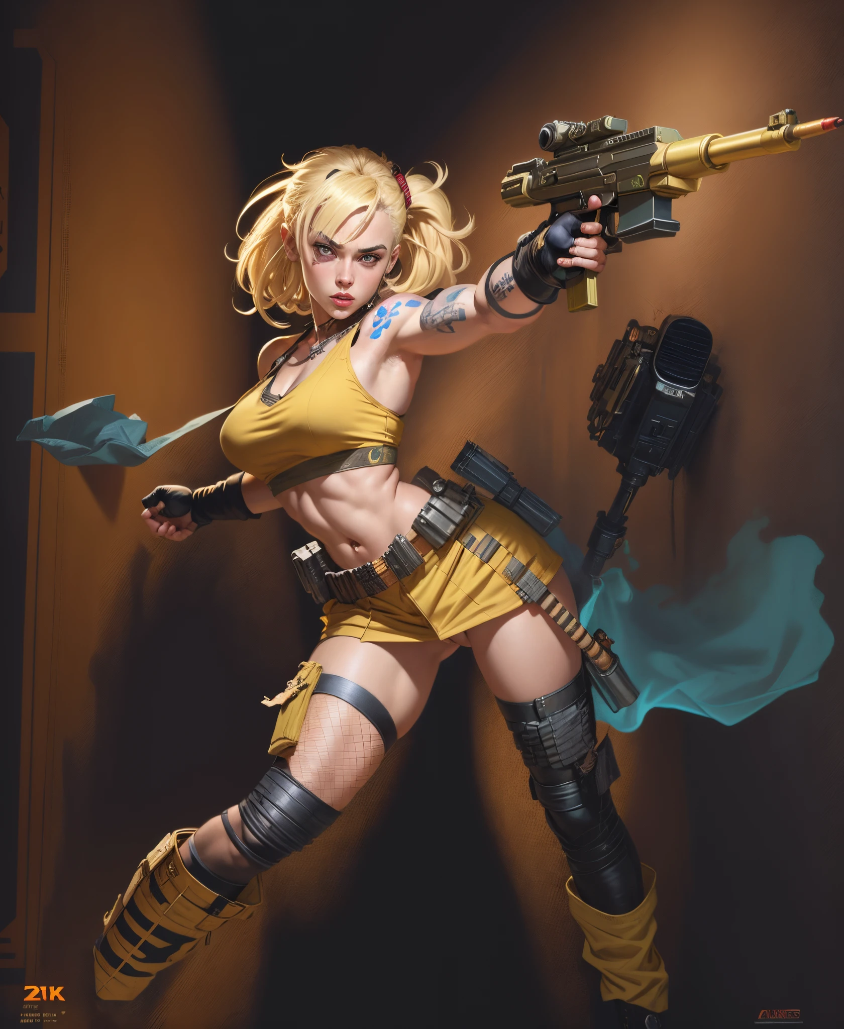 Beautiful quirky blonde Tank girl, a cigarello, wearing a pony tail hair style, tatoos, band aides, apocolymptic battle zone, comic art 8k resolution,ARTSTYLE_AlexRoss_ComicArt_ownwaifu,gun