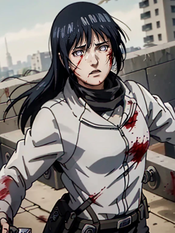 Masterpiece, A high resolution, Photorealistic, Best quality, 8K, Best quality, Ultra-detailed, Cinematic lighting, 1girll, hinata from naruto series, wearing shingeki no kyojin uniform, 1girll, belt, Black long hair, Cropped jacket, emblem, detailed eyes, Jacket, Paradise military uniform, Red scarf, Scarf, long hair, shout, Angry, Watery eyes, (Blood:1.4), the scars, view the viewer, Ott style, Swords, Huge walls, Rooftop, Portrait, no multi hands, no blur image, high quality, perfect hand and finger,