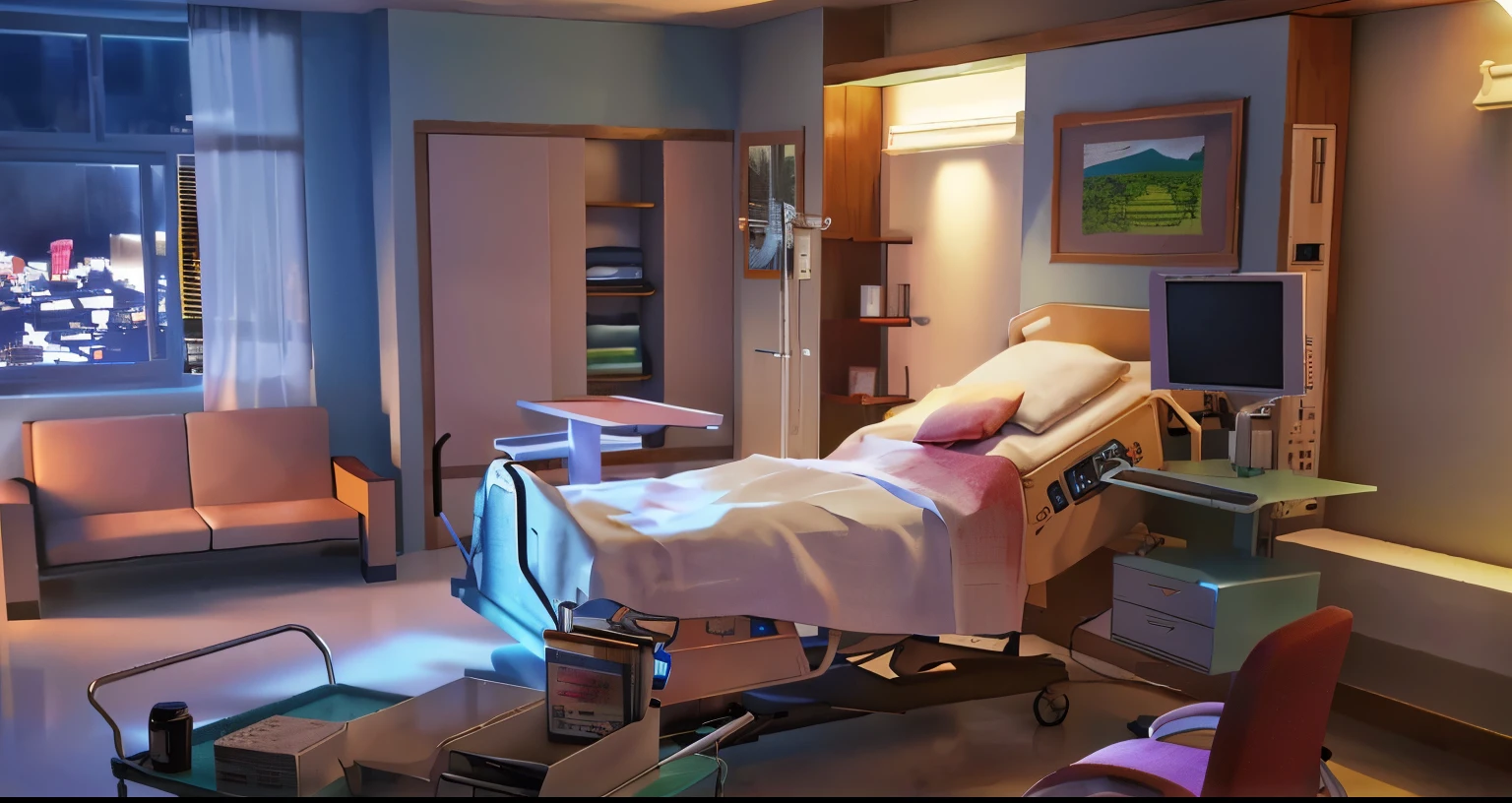 There is a ward,There is a bed and a TV inside, Candy Hospital Ward, Personal room background, sickroom, life simulator game screenshot, hospital in background, photorealistic room, Hospital Rooms, hospital interior, Realistic scenarios, cyberpunk childrens bedroom, Gorgeous hospital room, Cyberpunk teen bedroom, hospitals, realistic unreal engine 3 d game, RPG style bedroom