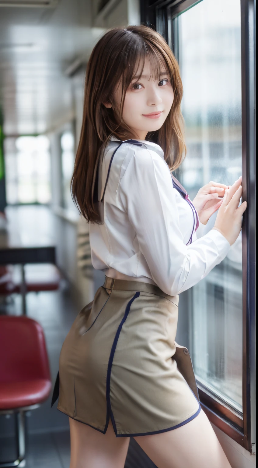 top-quality,ultra - detailed,tmasterpiece,hentail realism,Photorare,Bright lighting,1 girl in, Camera color temperature 3800k、an extremely beautiful -yeld gi (kawaii:1.6),Thin smile, (Brown eyes),(dark brown hair),(By bangs),perfect glossy shiny skins,flawless skin,((erotick,Sexy and sexually explicit)),((Exact pointers,No discomfort)), large full breasts,big breasts thin waist, looking at viewert,((a sailor suit)),((Long sleeve uniform white shirt)),(Enzi's tie),((dark brown super mini skirt、No slit)),(((Skirt lift with their own hands))),(lifted by self),(She shows her panties.),lace and black panties,Panty Focus,(Stand with your feet together)), sockes, (Miniskirt, Black socks),(Loafer shoes), In the daytime,Station platform、stand through the window、Wearing a miniskirt