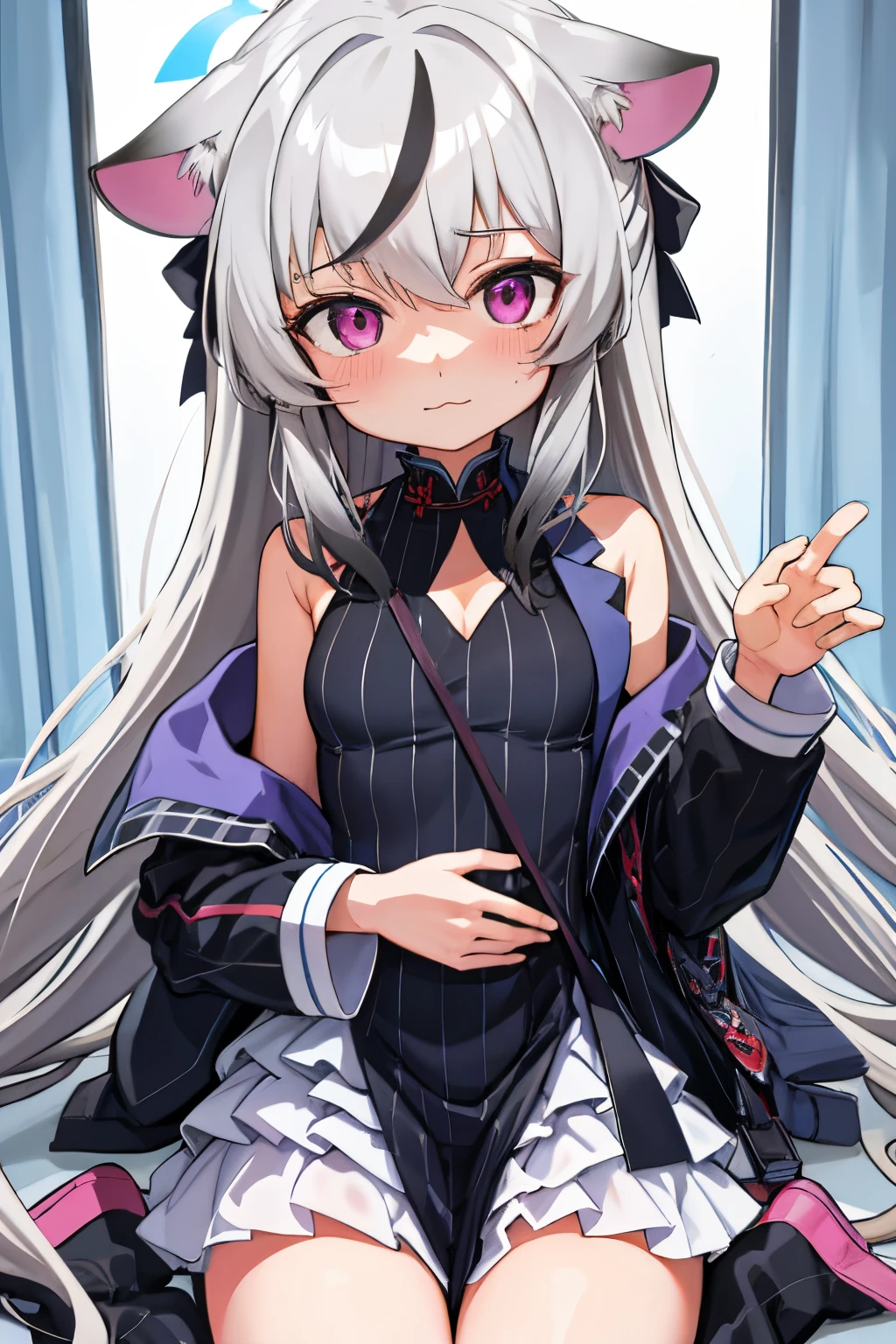 tmasterpiece, best qualtiy, ultra - detailed, 1girll,Gray hair Kokona, inside in room, Purple eye, :3,the face, closeup cleavage