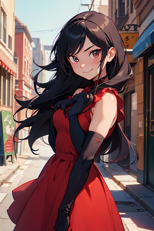 (masterpiece, best quality:1.2), cowboy shot, solo, 1girl, cinder fall, evil smile, looking at viewer, long hair, red dress, elbow gloves, on busy street