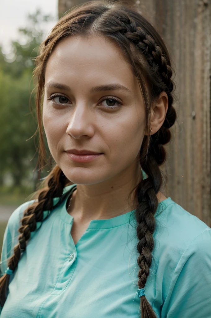 create a portrait of a biologist, climate activist, about 33 years old, Polish woman, with braids