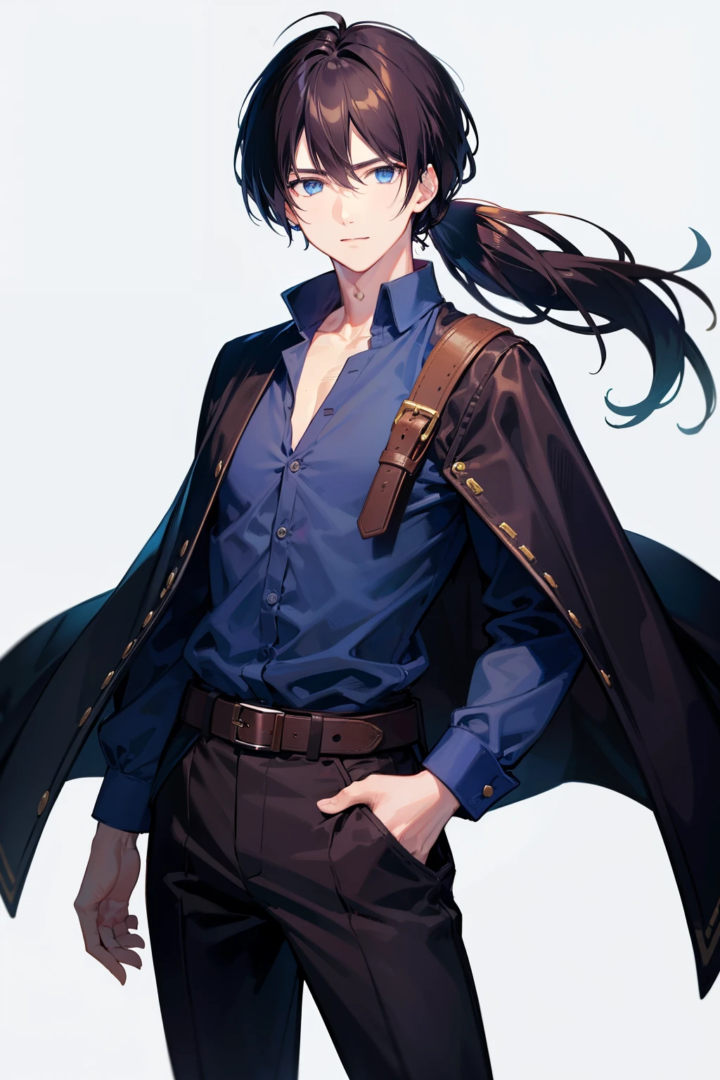 (high-quality, breathtaking),(expressive eyes, perfect face), 1boy, male, solo, young adult, black hair , deep blue coloured eyes, gentle smile, long hair, long hair tied in low ponytail, hair between eyes, fantasy clothing, white button up shirt, black pants, brown belt, small brown satchel, adventuring gear, wears a black cloak thats partially open