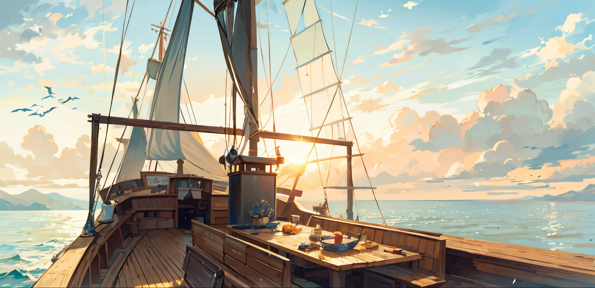 pirate ships, Local, the detail, day, Scavenging, at noon, ((and the sun was shining brightly)), at noon, bow detail, Boat,vessels, the ocean, Boat, cloud, ((blue-sky)), Boat, scenecy, Outdoor sports, That bird, Eau, horizon, without humans, Raging sea, suns