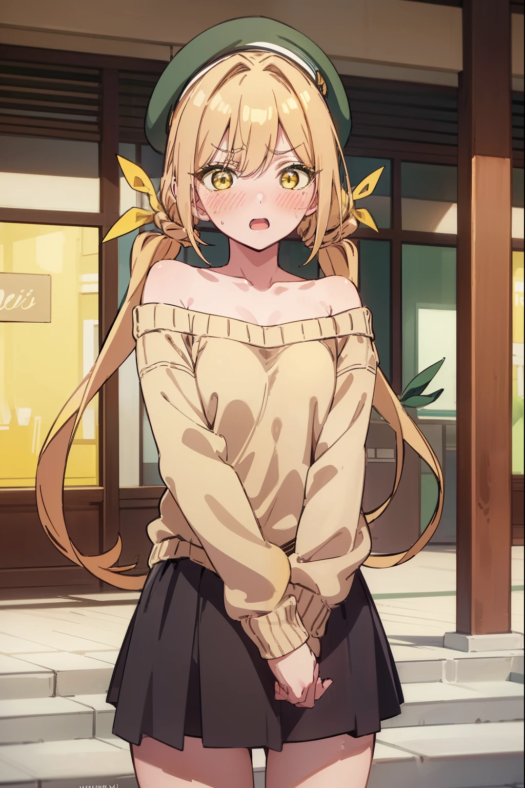 karaneinda, karane inda, blonde hair, (yellow eyes:1.5), hair ribbon, twintails, low twintails, long hair, (green ribbon:1.2), open mouth, embarrassed, (((blushing))),
((Sweater)), off shoulder, mall, shopping, beret, ouirse, denim skirt, tight, small boobs, embarassed, blushing, looking at viewer, (cowboy shot:1.5), (masterpiece:1.2), best quality, high resolution, unity 8k wallpaper, (illustration:0.8), (beautiful detailed eyes:1.6), extremely detailed face, perfect lighting, extremely detailed CG, (perfect hands, perfect anatomy),