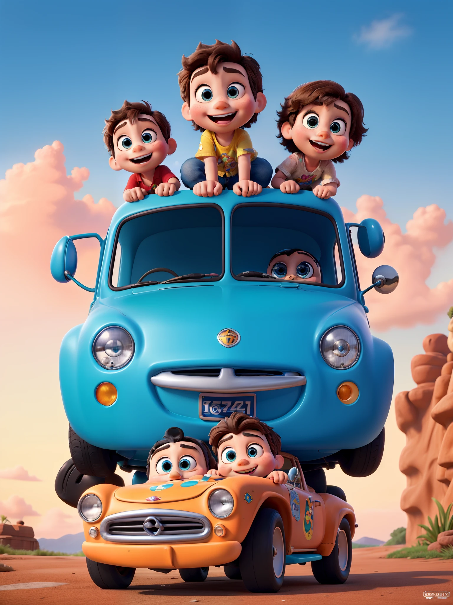 estilo poster disney pixar, children playing on top of a toy car "