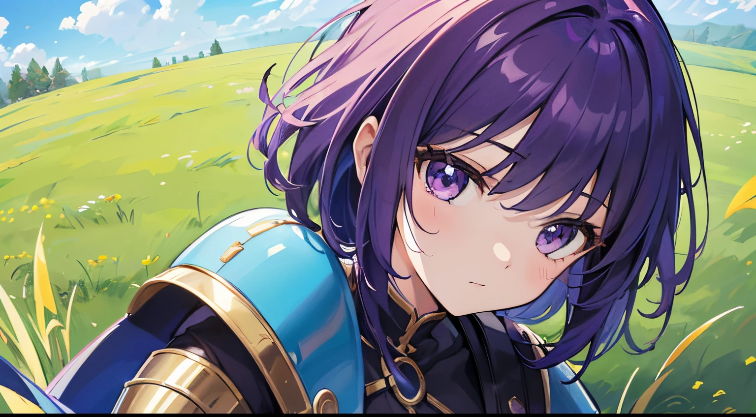(tmasterpiece,4k wallpaper,best qualtiy))、((girl with1a person))、(独奏)、Brilliant,(Purple hair)、short-cut、knights、grass field、blue-sky、s Armor、close up of face