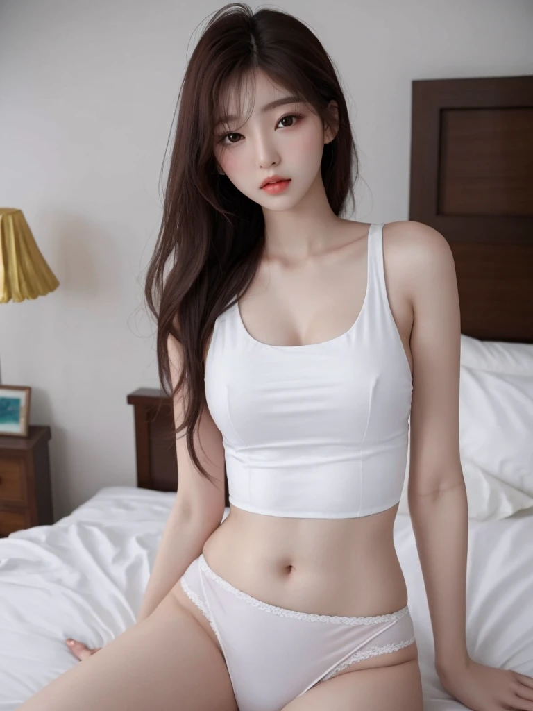 Asian woman araffed in white underwear sitting on a bed, linda mulher coreana jovem, Beautiful Asian girl, menina coreana, Mulher sul-coreana bonita, mulher coreana jovem bonita, gorgeous chinese model, em roupas brancas, posando em um quarto, corpo sensual com barriga sexy, foto de modelo de menina slim, pale milky white porcelain skin, Mulher coreana