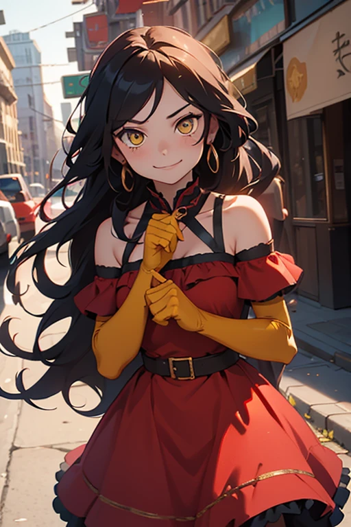 (masterpiece, best quality:1.2), cowboy shot, solo, 1girl, cinder fall, yellow eyes, evil smile, looking at viewer, long hair, red dress with gold trim, elbow gloves, on busy street
