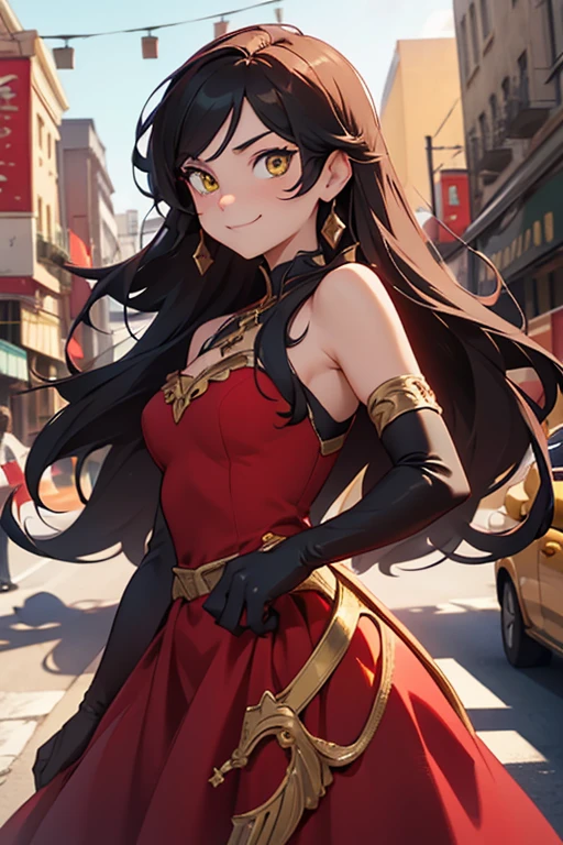 (masterpiece, best quality:1.2), cowboy shot, solo, 1girl, cinder fall, yellow eyes, evil smile, looking at viewer, long hair, red dress with gold trim, elbow gloves, on busy street
